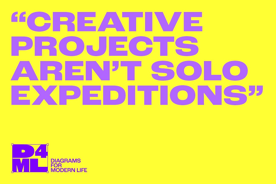 A yellow background with the quote "Creative projects aren't solo expeditions" in purple text. With the a purple 'D4ML' tag for Diagrams For Modern Life. For the blog Overenthusiastic Input