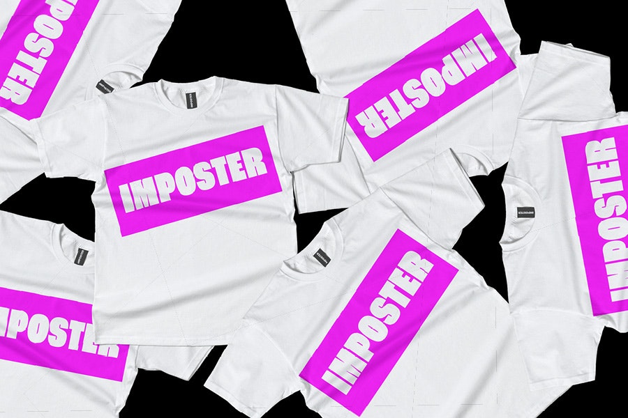 An array of white t-shirts on a black background with pink boxes and the word 'IMPOSTER' written in white on them. For the blog Imposter Syndrome.