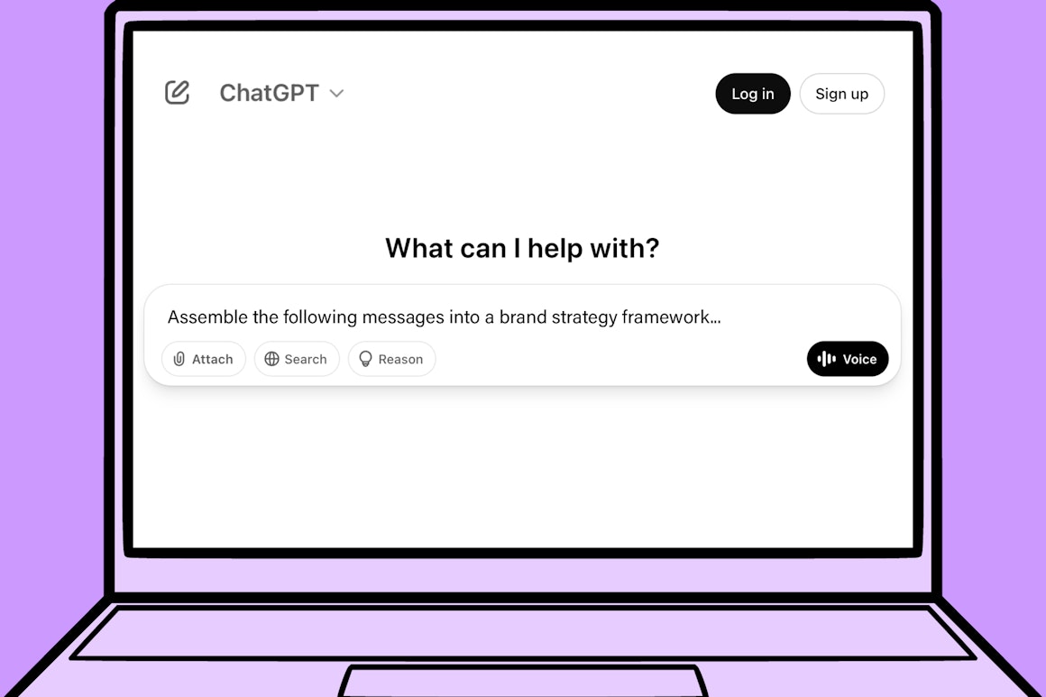 A purple background with a computer featuring a screen with ChatGPT on it with a query string of 'Assemble the following messages into a brand strategy framework'. With the 'D4ML' tag for Diagrams For Modern Life. For the blog What's The Most Innovative Question You Can Ask?