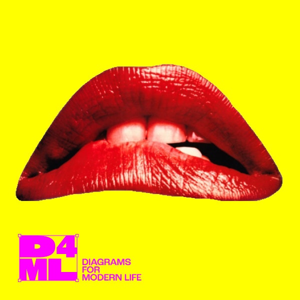 A pair of the famous red Rocky Horror lips on a yellow background. With the 'D4ML' tag for Diagrams For Modern Life. For the blog Why emotion matters in branding and how to harness it