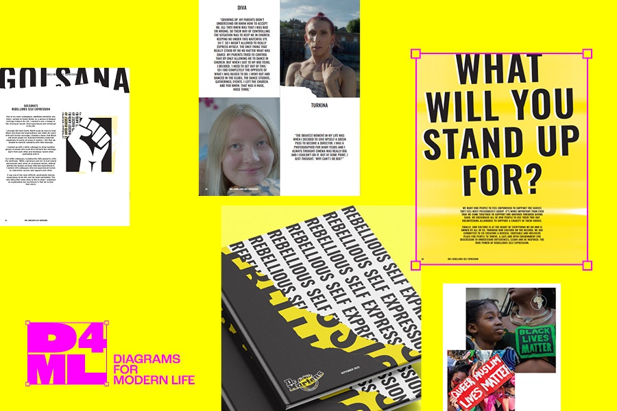 A yellow background with a selection of different snippets from magazines featuring emotional triggers to impel action. With the 'D4ML' tag for Diagrams For Modern Life. For the blog Why emotion matters in branding and how to harness it