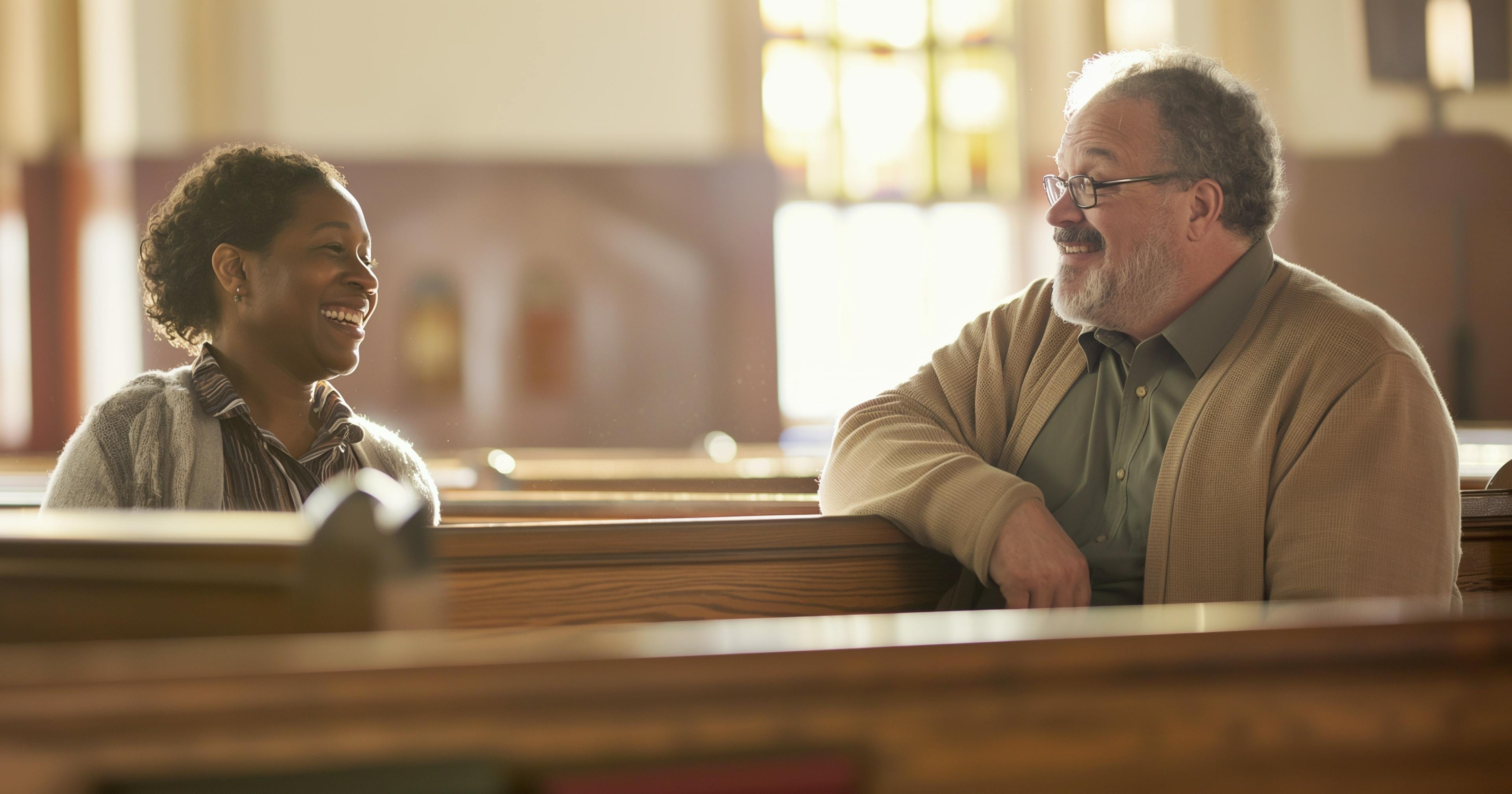 A pastor and a congregant sitting in a pew, smiling and talking.