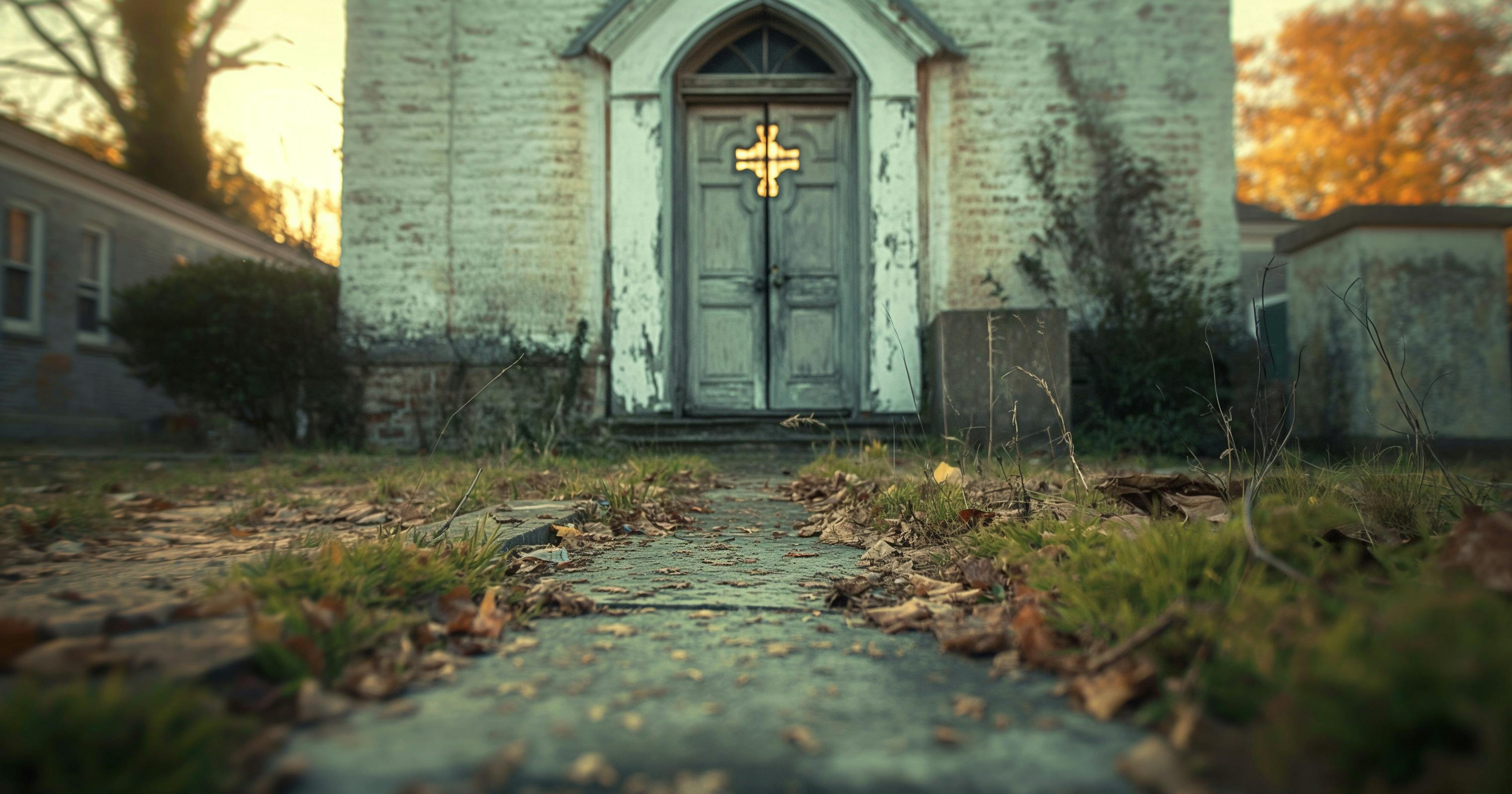 Overgrown view of church front door