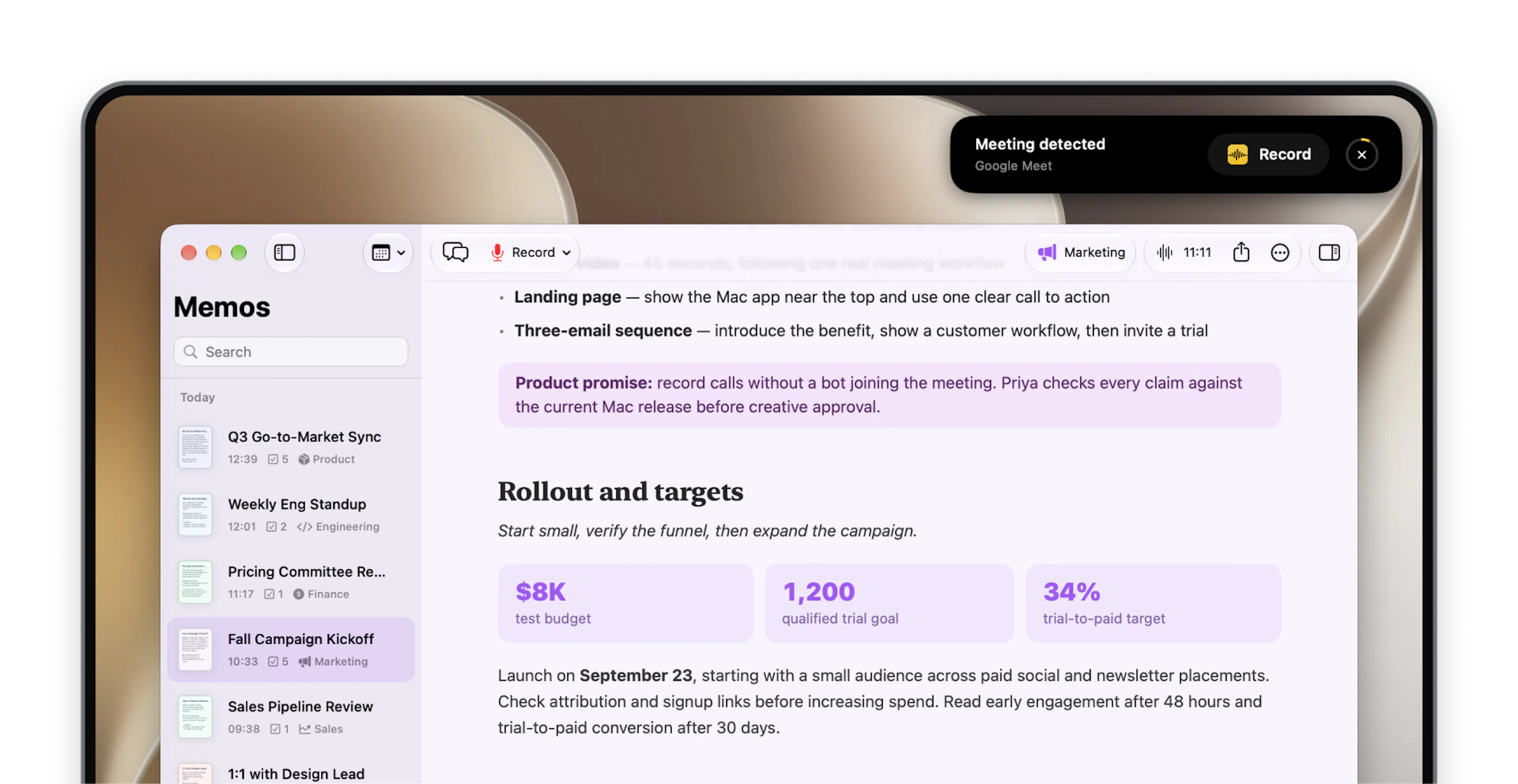 Memo AI on Mac detects a Google Meet call and offers to record it, without a bot joining the meeting