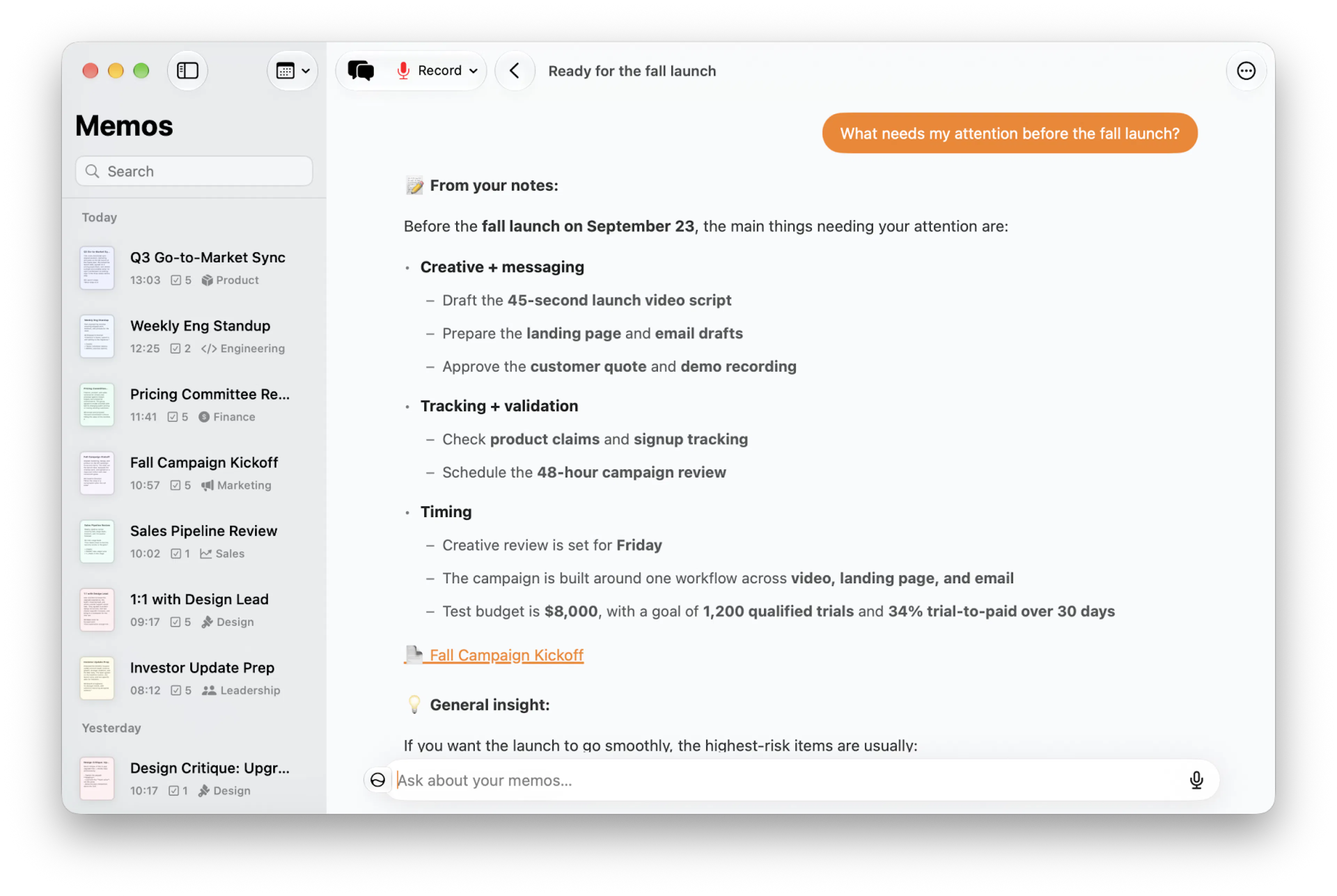 Memo AI on Mac answering a question about upcoming work from your memos