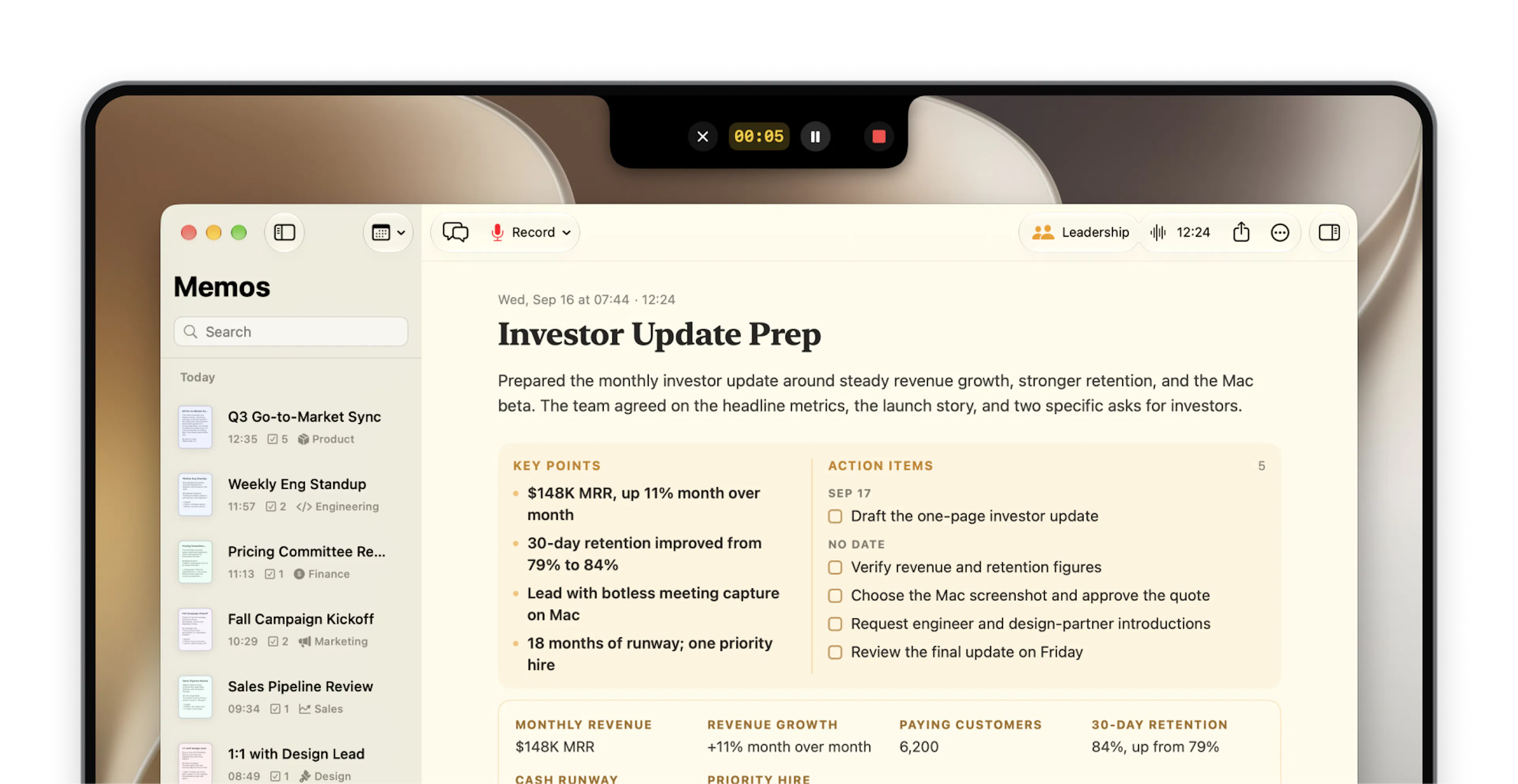 Memo AI on Mac with the notch recorder running and a meeting summary with key points and action items