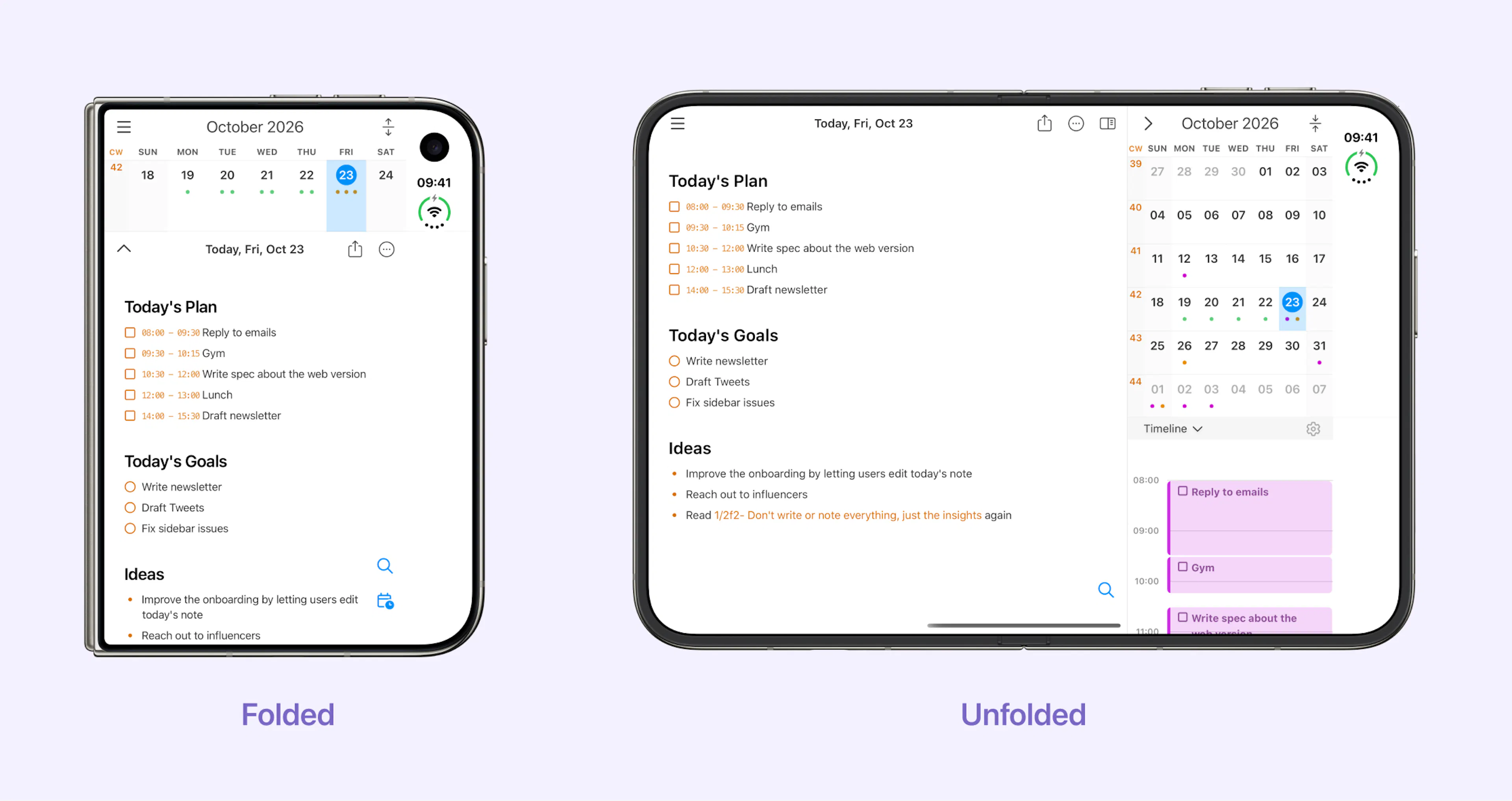 NotePlan on iPhone Duo, folded and unfolded