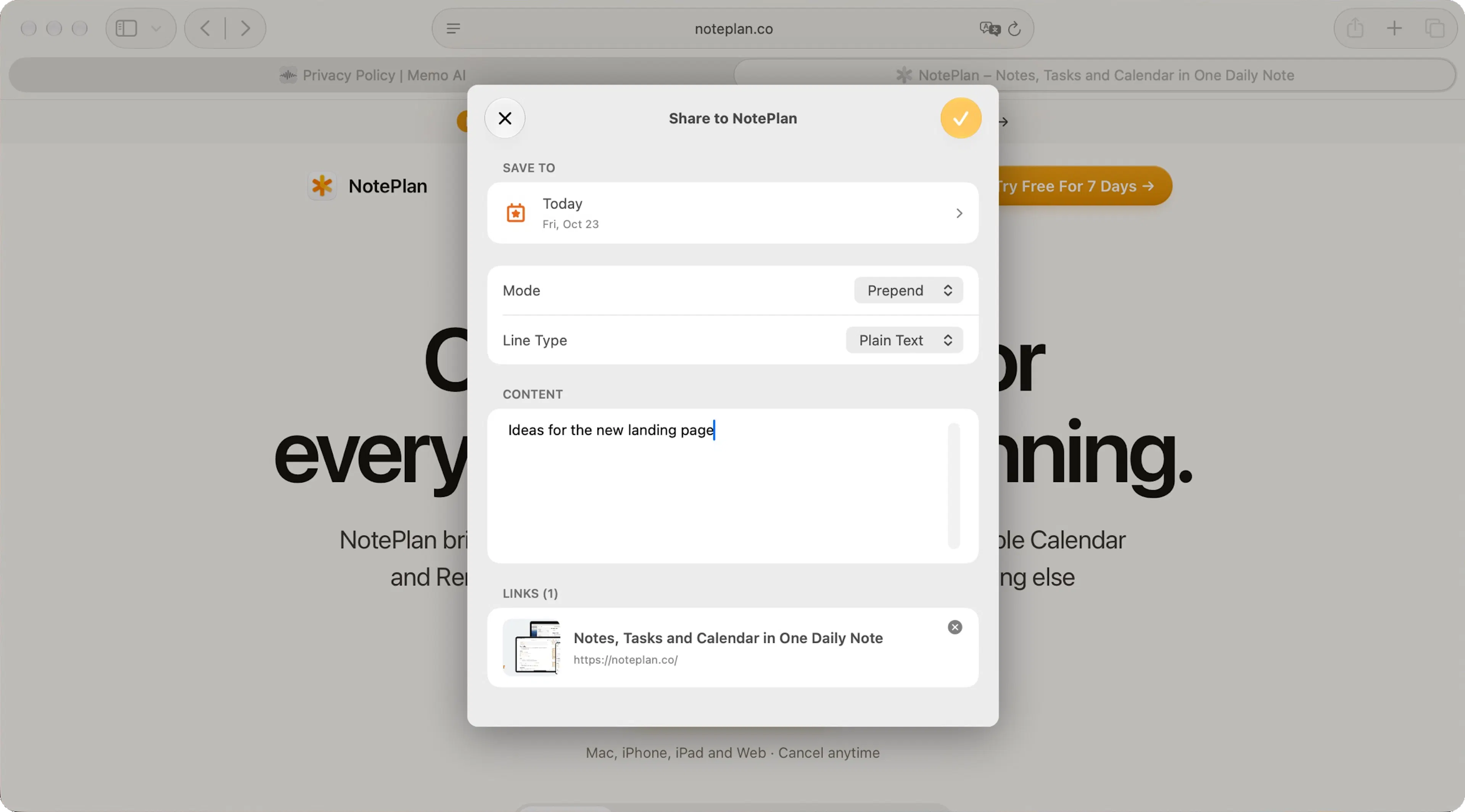 Sharing a web page from Safari to NotePlan on Mac