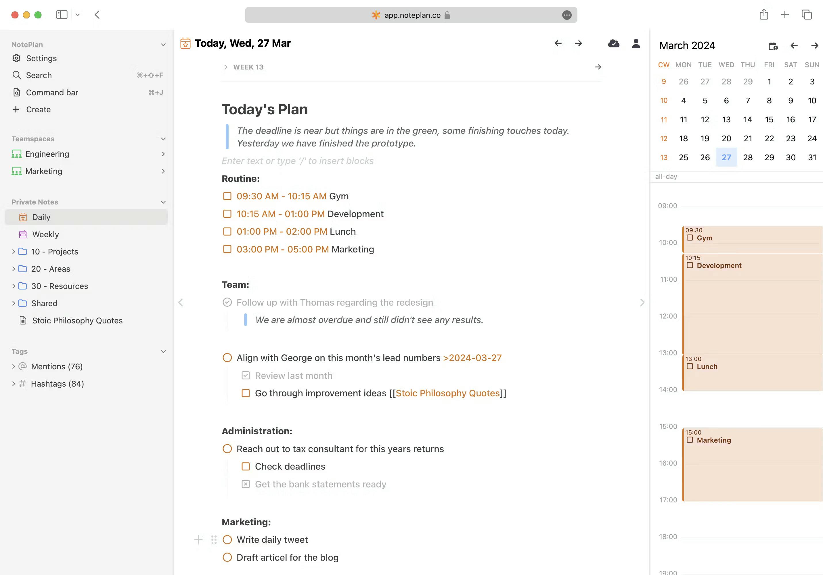 noteplan platform dashboard screenshot