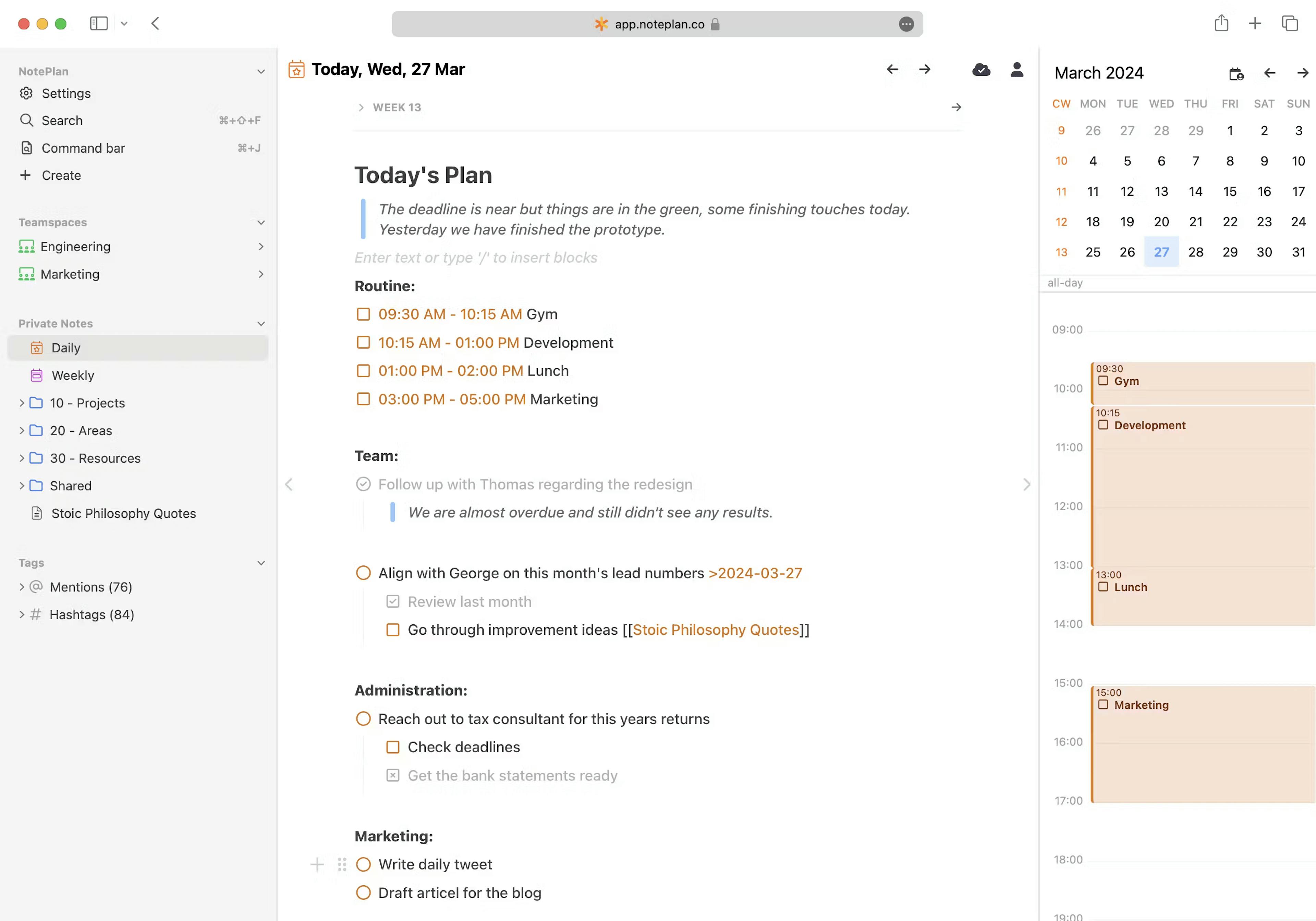 noteplan platform dashboard screenshot