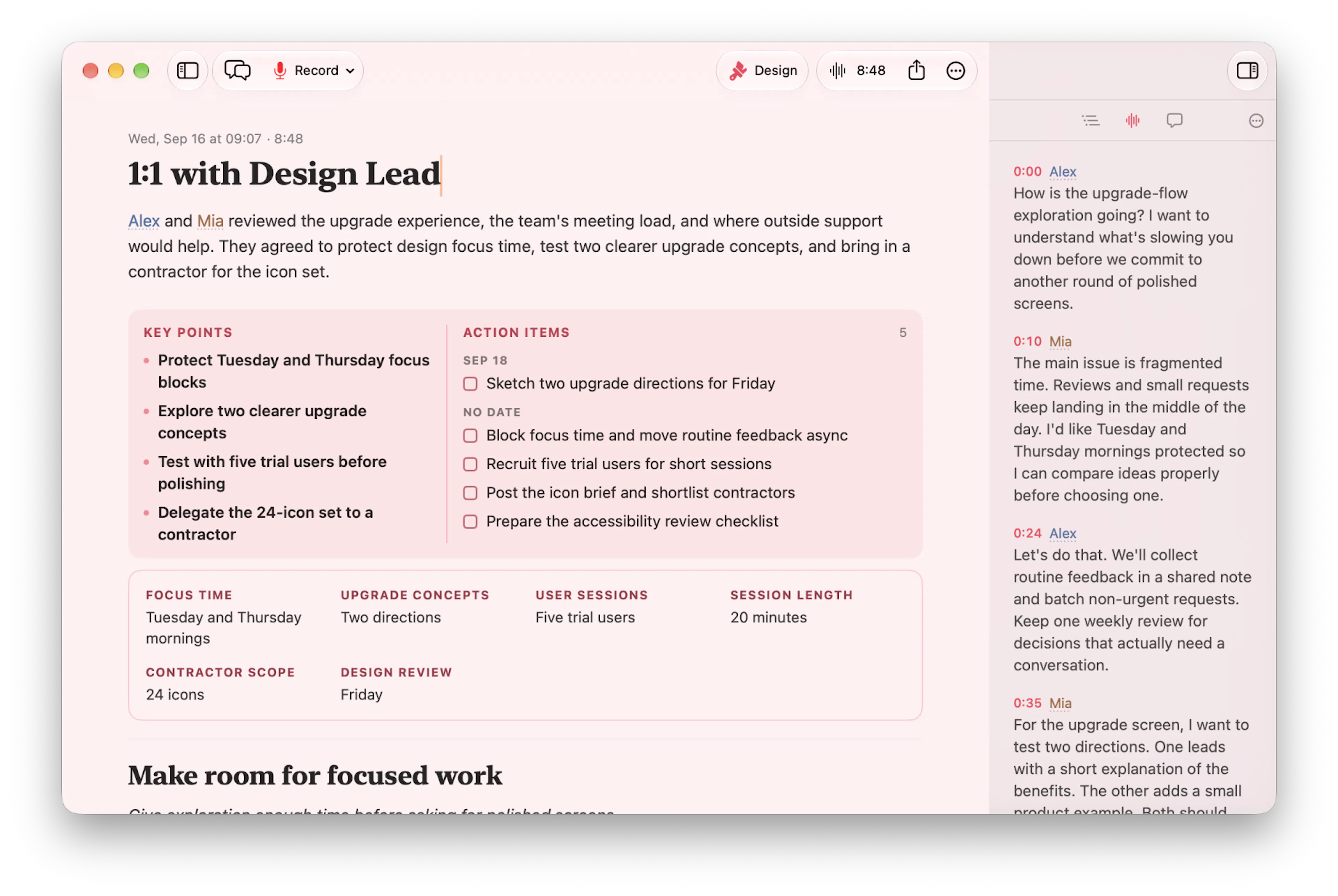 Memo AI on Mac showing a 1:1 summary next to a transcript with speaker labels