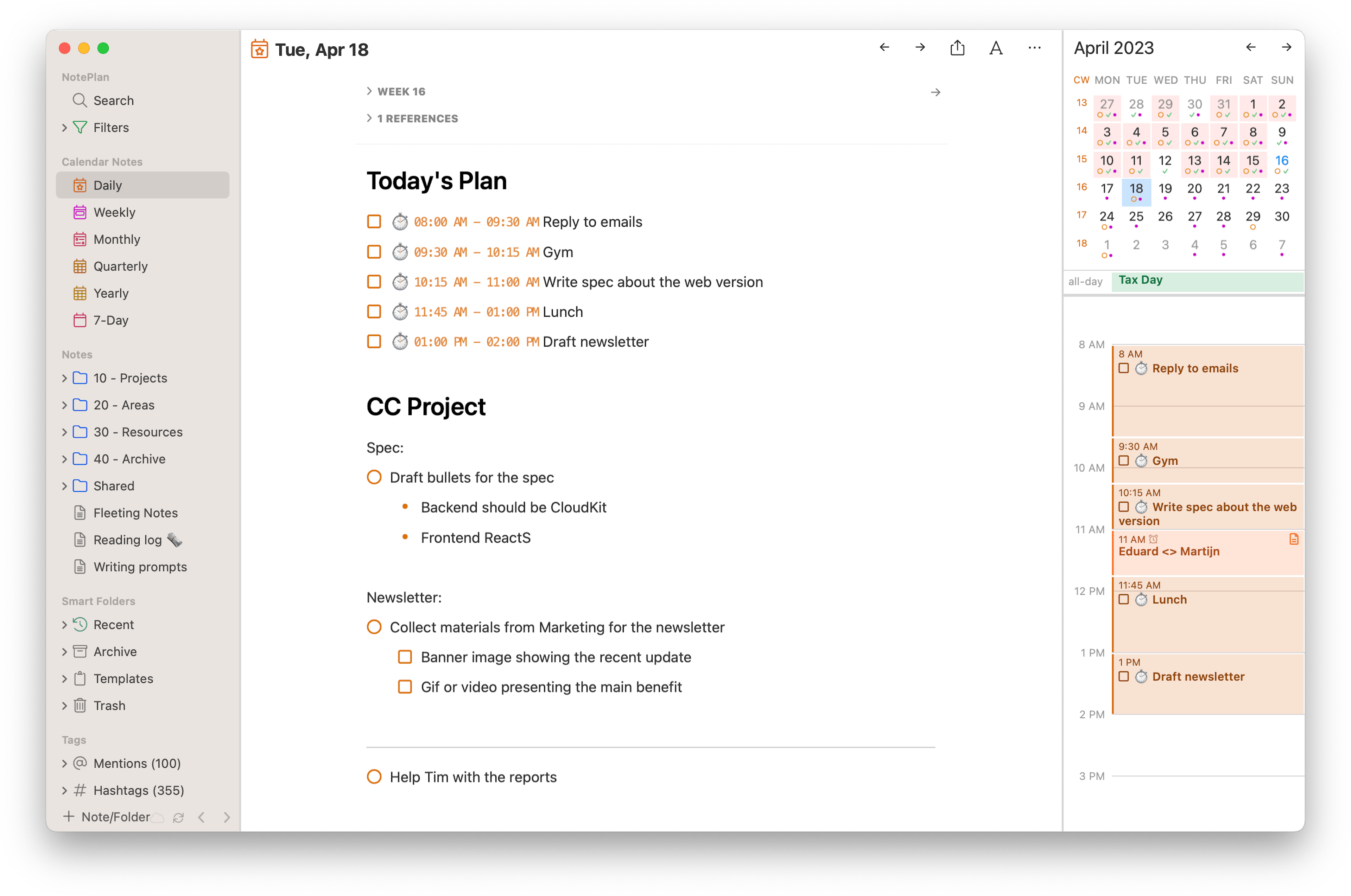 The image shows NotePlan's dashboard