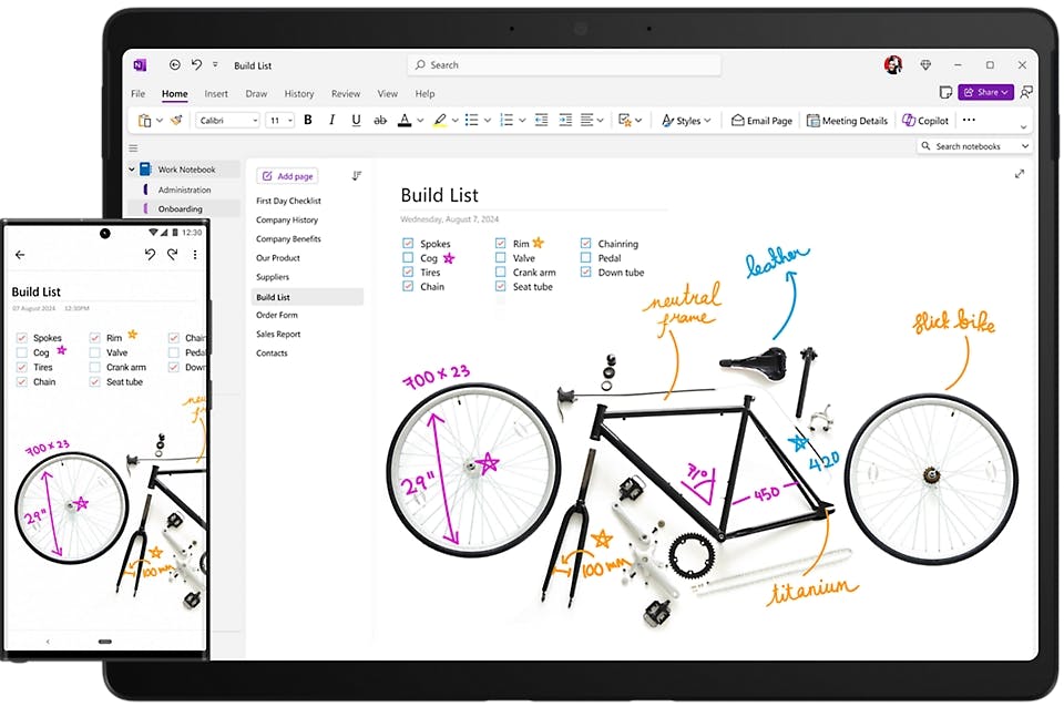 This image shows OneNote's dashboard on mobile and desktop.