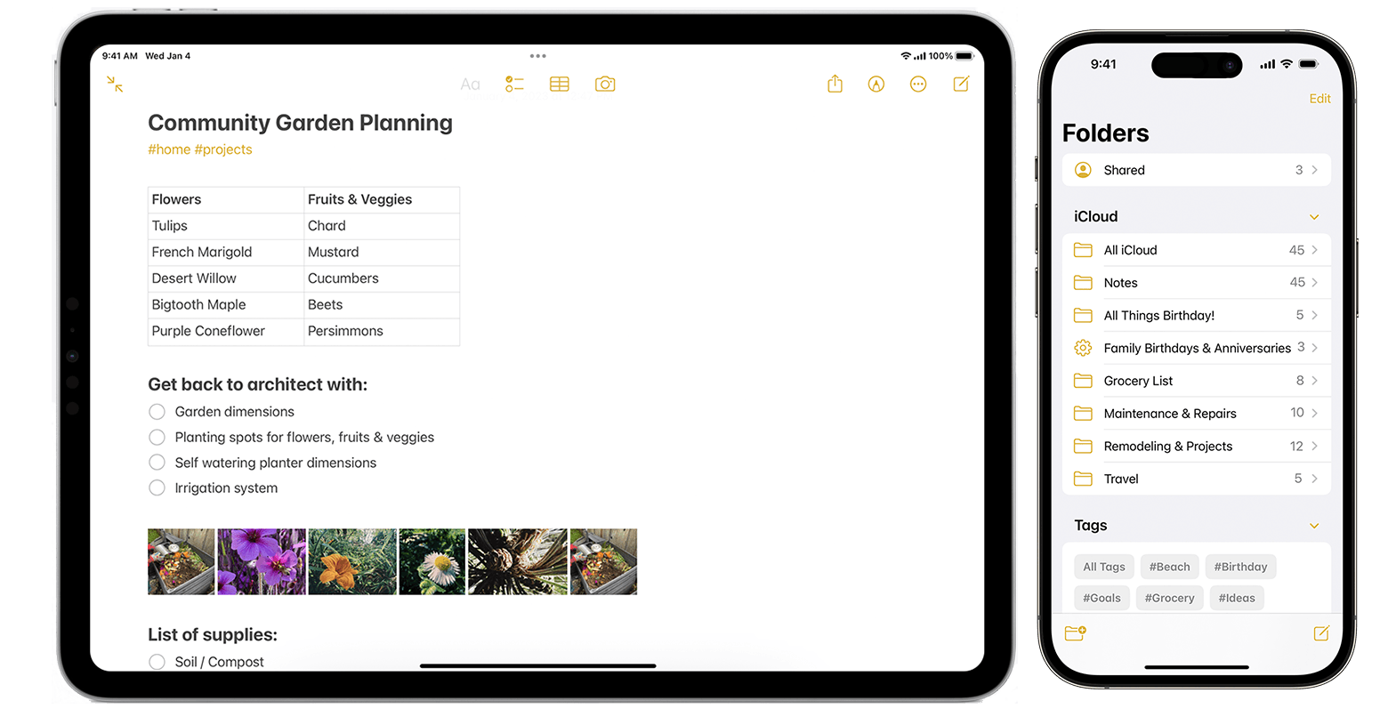 This image shows Apple notes on phone and desktop.