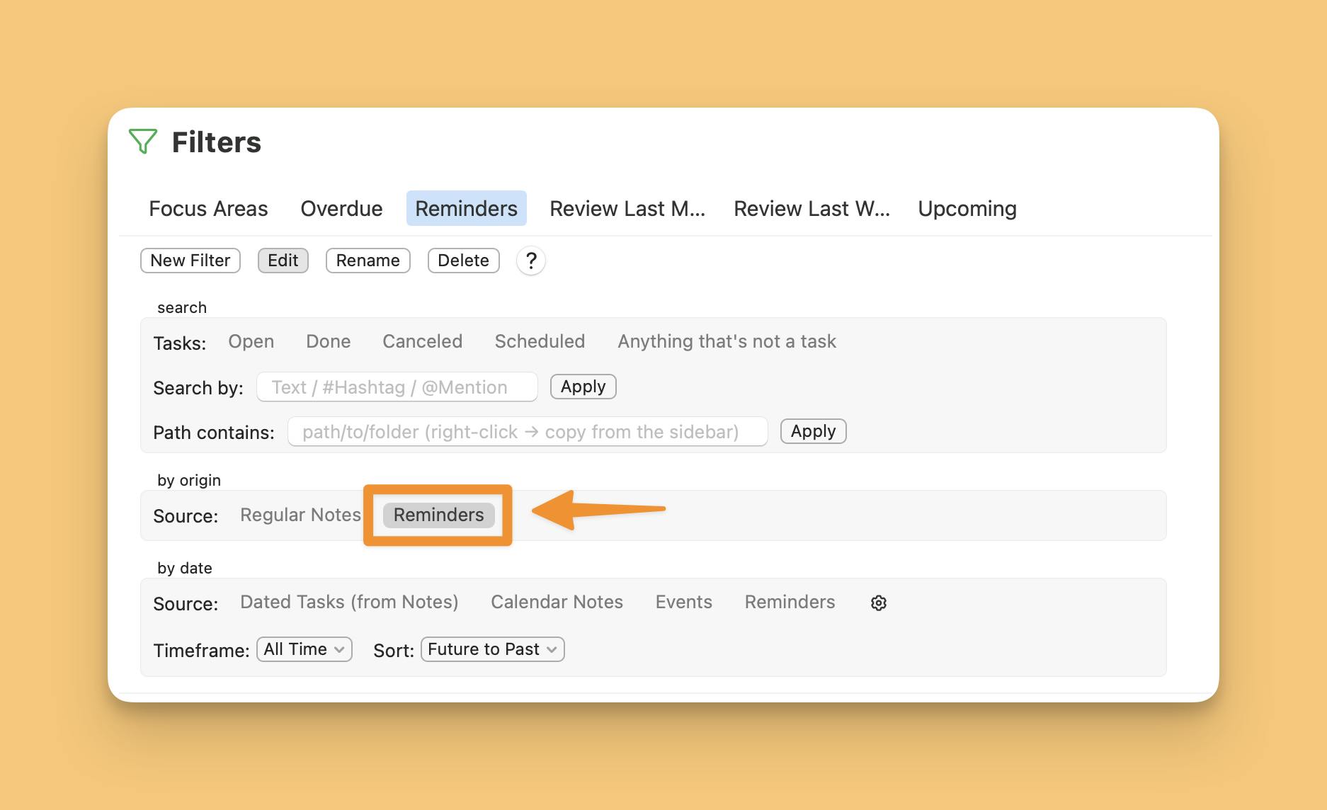 Reminders filter option