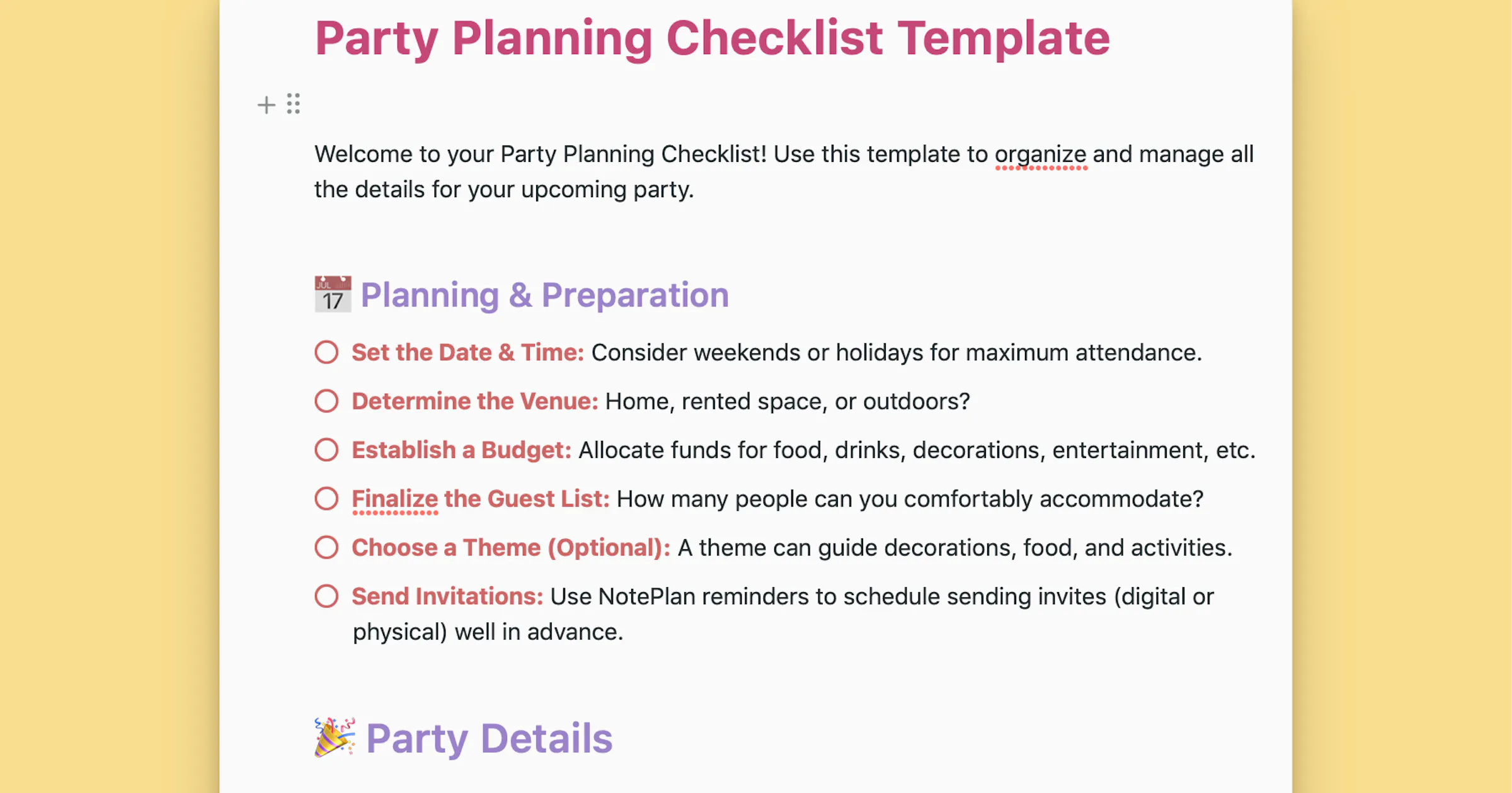 Party Planning Checklist Template