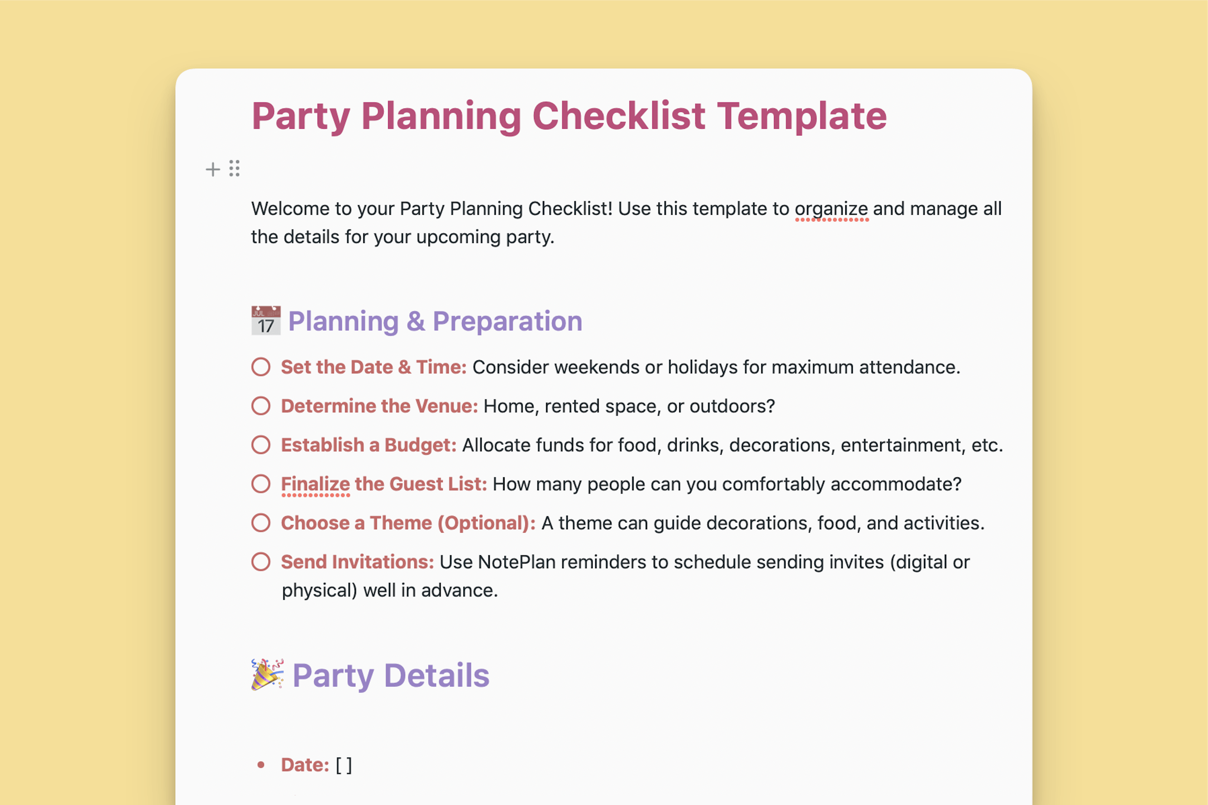 Party Planning Checklist Template