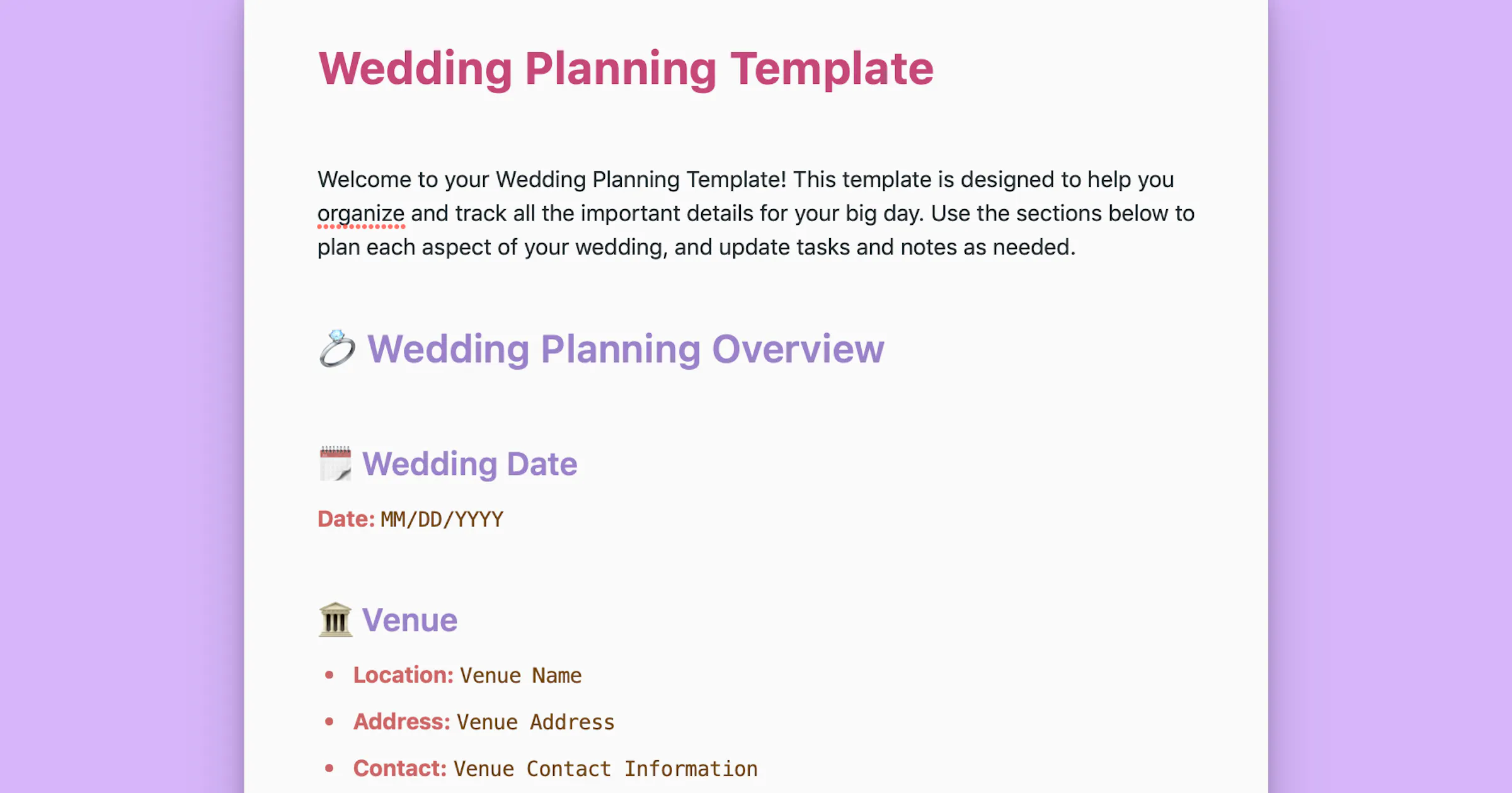 Wedding Planning Template