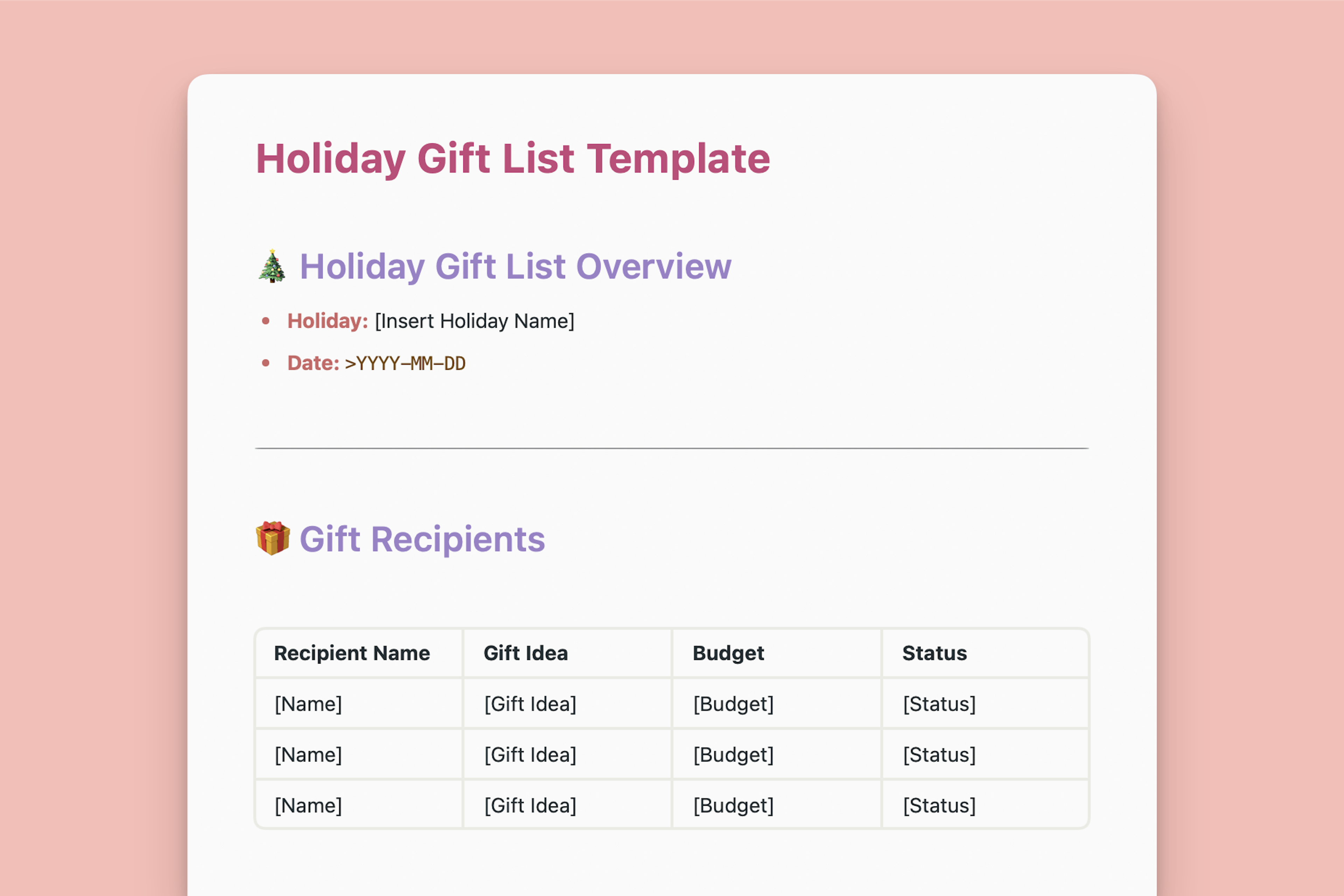 Holiday Gift List Template