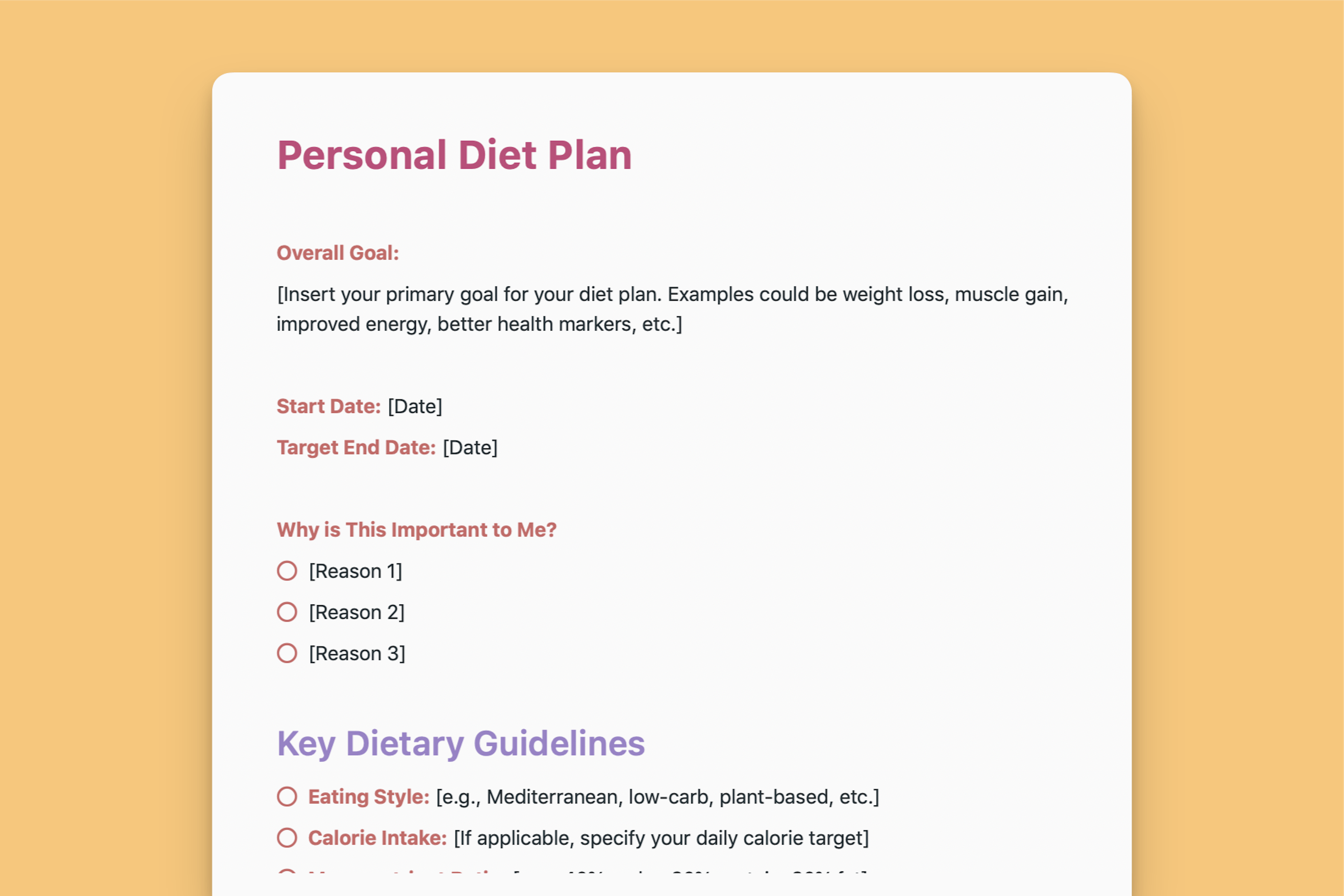 Personal Diet Plan