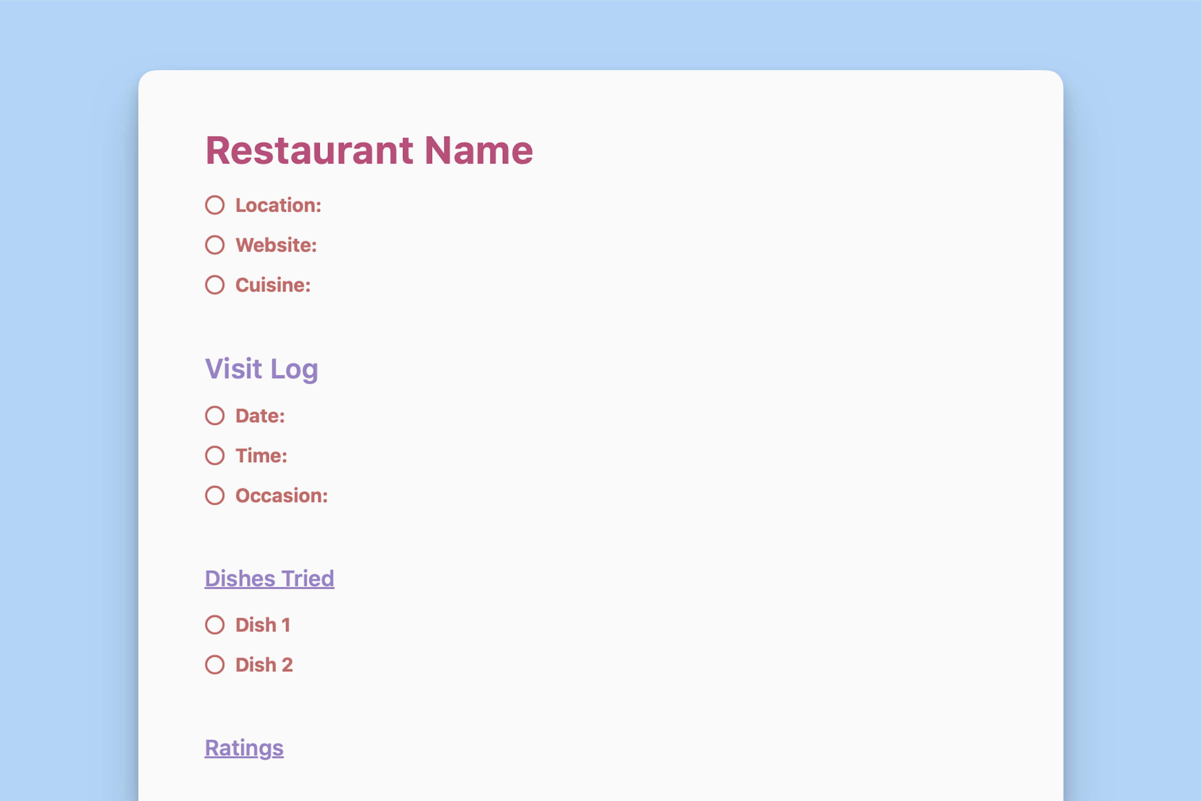 Restaurant and Cuisine Tracker Template