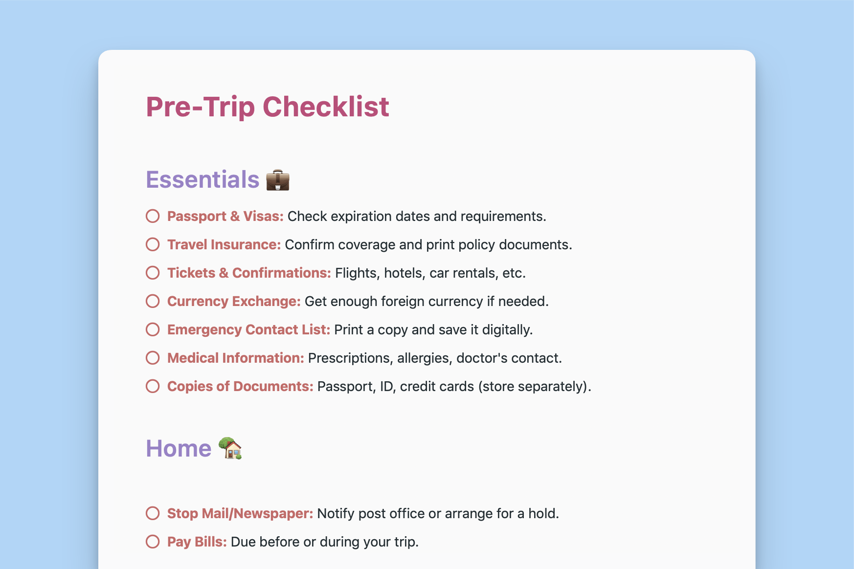 Pre-Trip Checklist Template