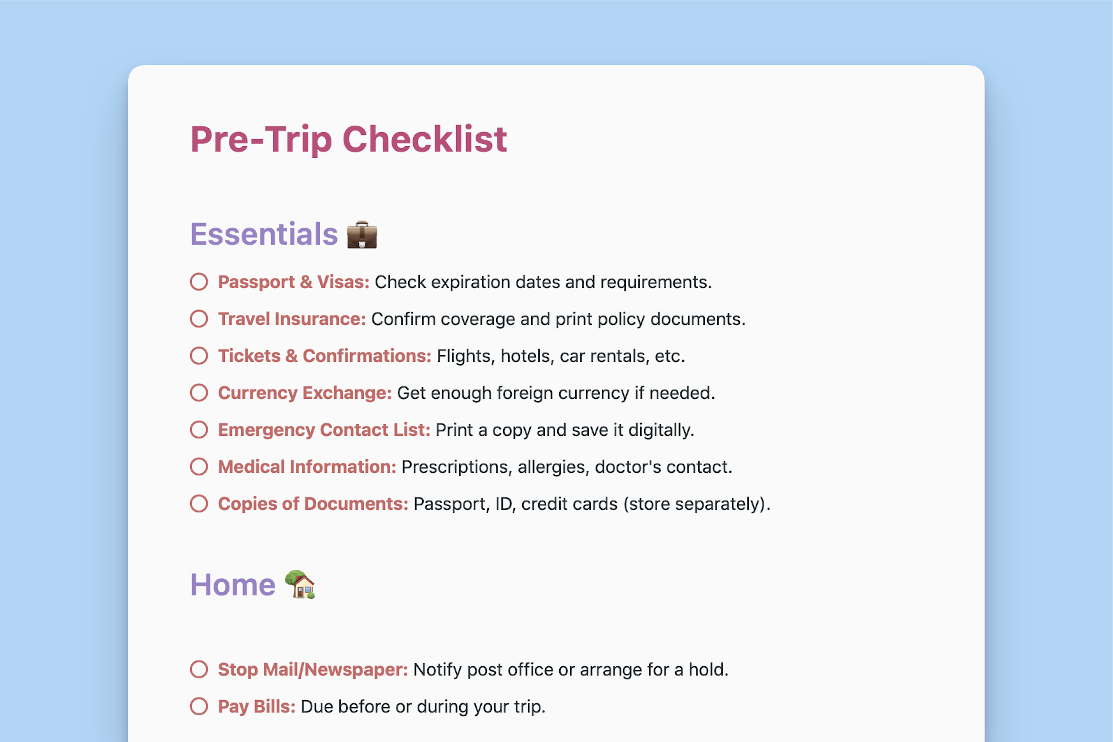 Pre-Trip Checklist Template