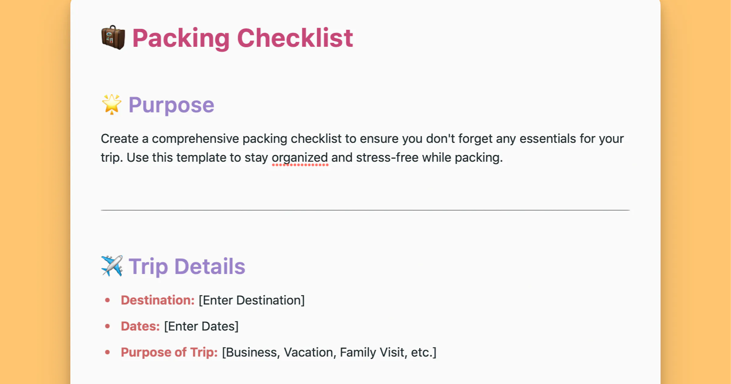 Packing Reminder Packing Checklist Template