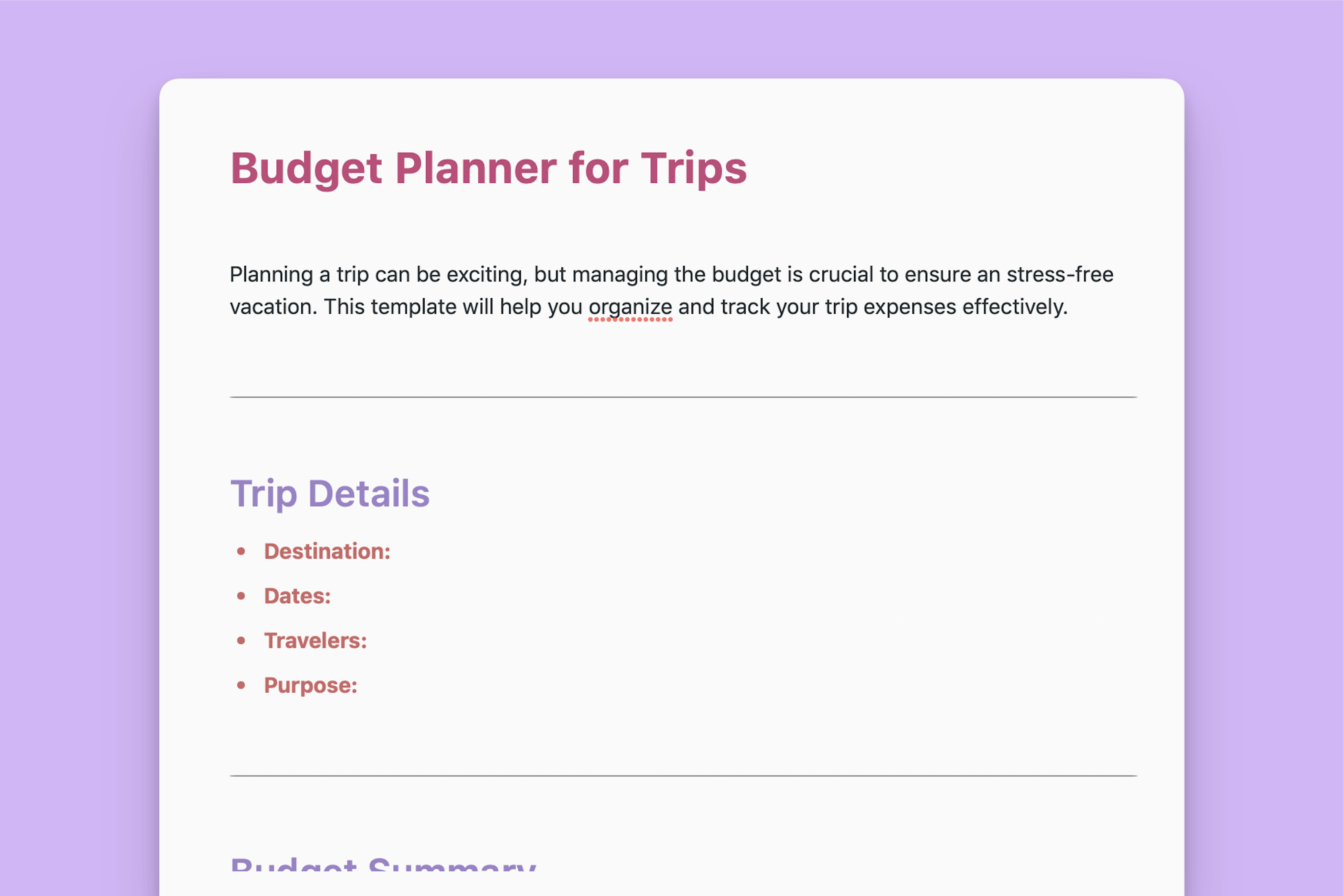 Budget Planner for Trips Template