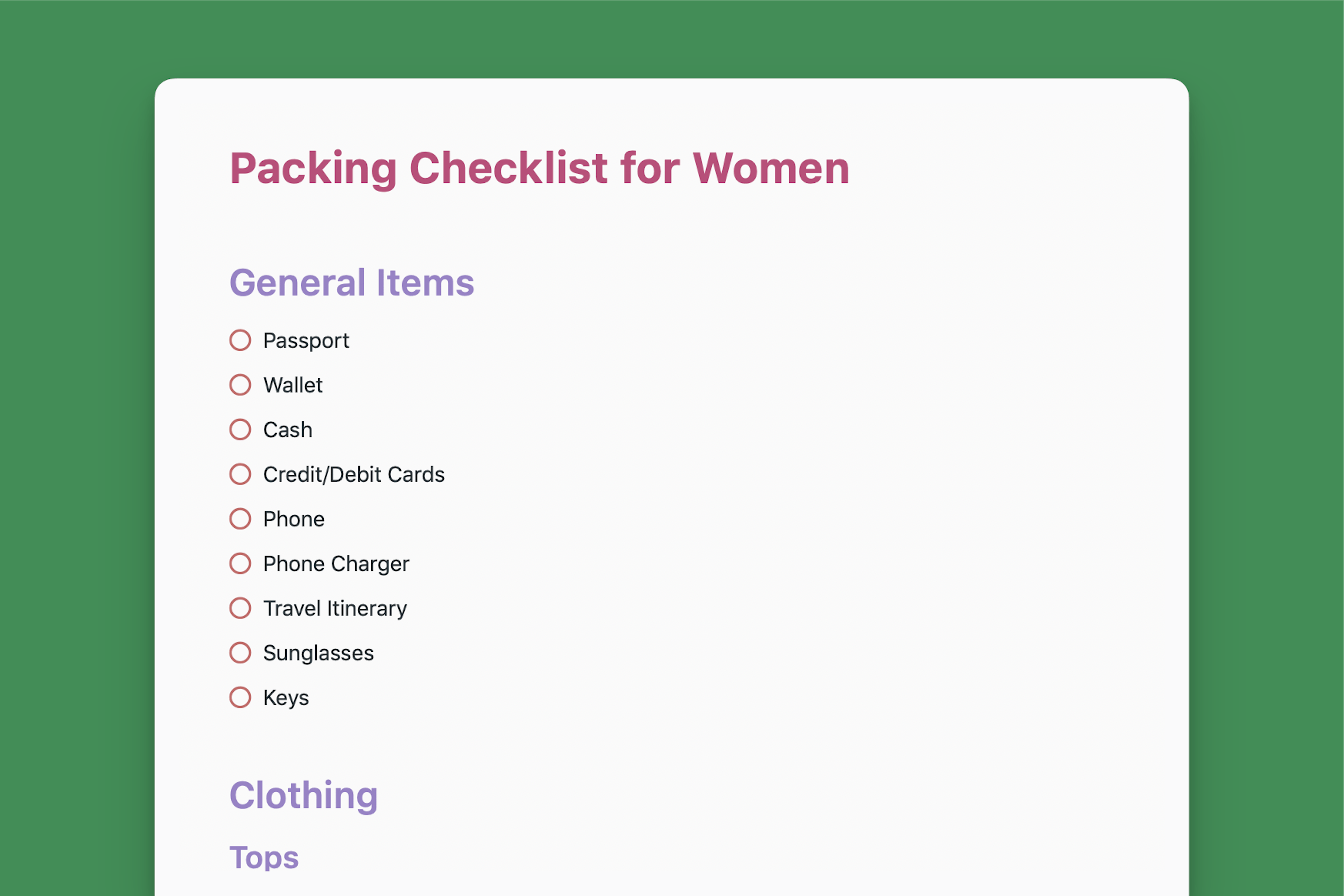 Packing Checklist for Women