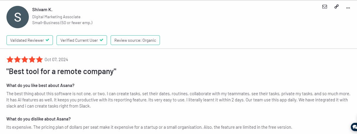 The image showcases an Asana customer review.