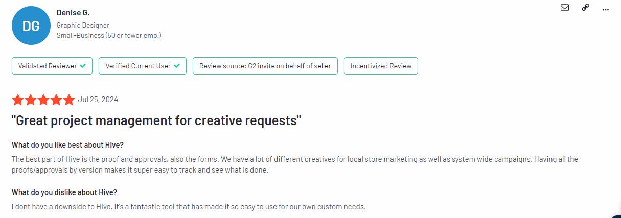 The image showcases a Hive customer review.