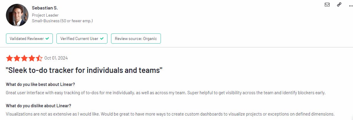 The image showcases a Linear customer review.