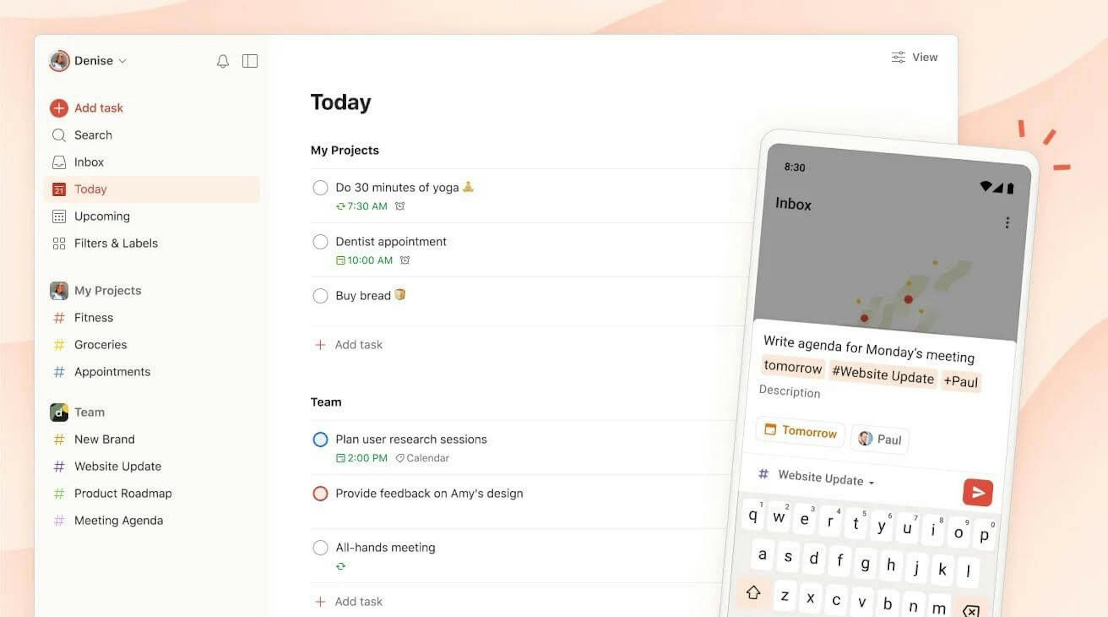 The image showcases Todoist's dashboard.