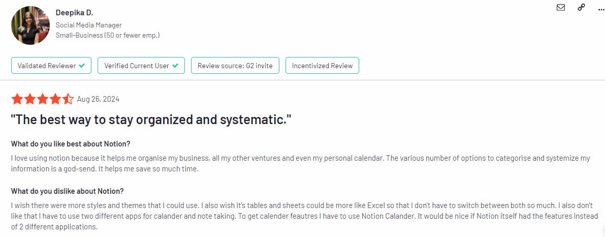 The image showcases a Notion customer review.
