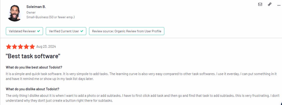 The image showcases a Todoist customer review.