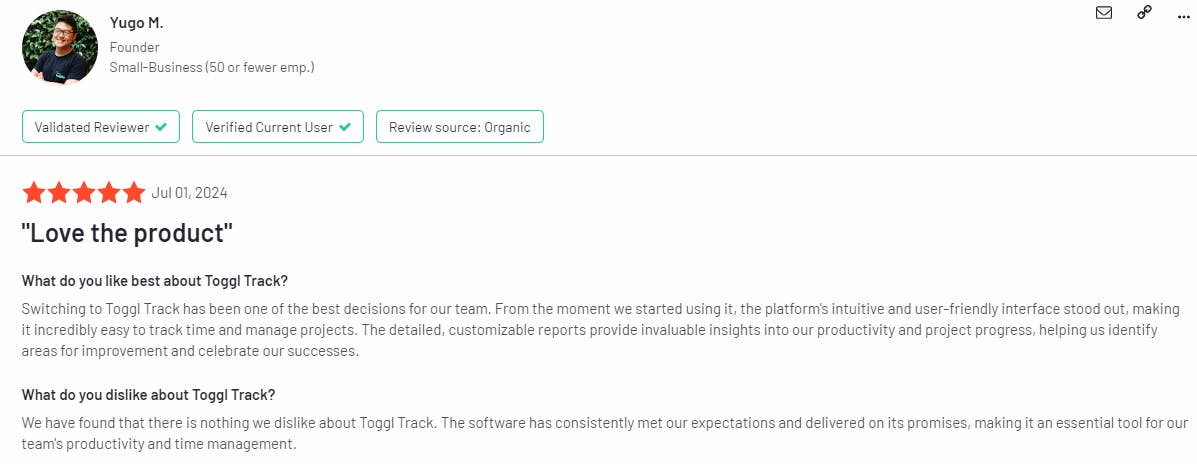The image showcases a Toggl customer review.