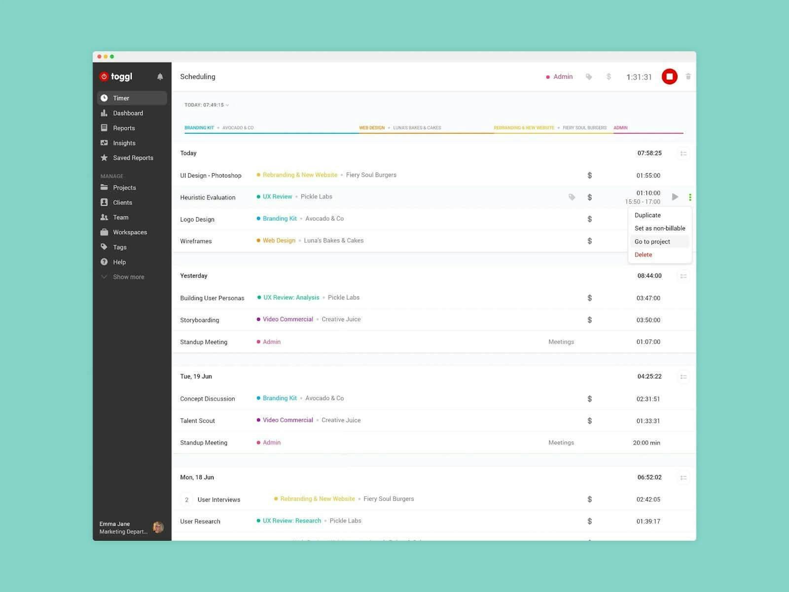 The image showcases Toggl's dashboard.