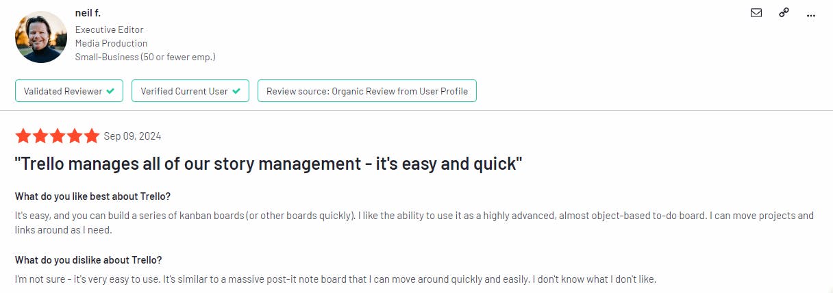 The image showcases a Trello customer review.