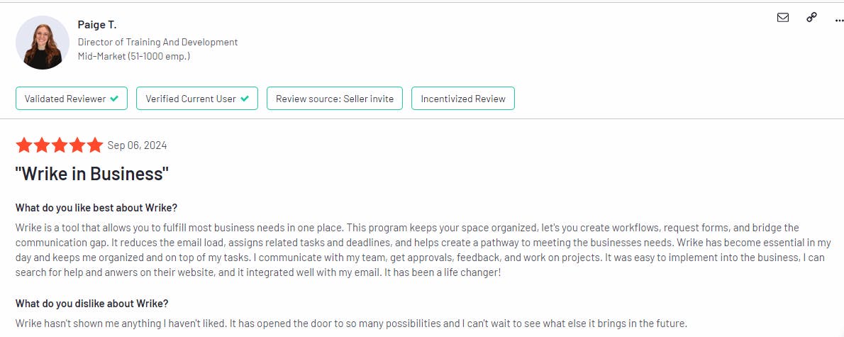 The image shows a Wrike customer review.