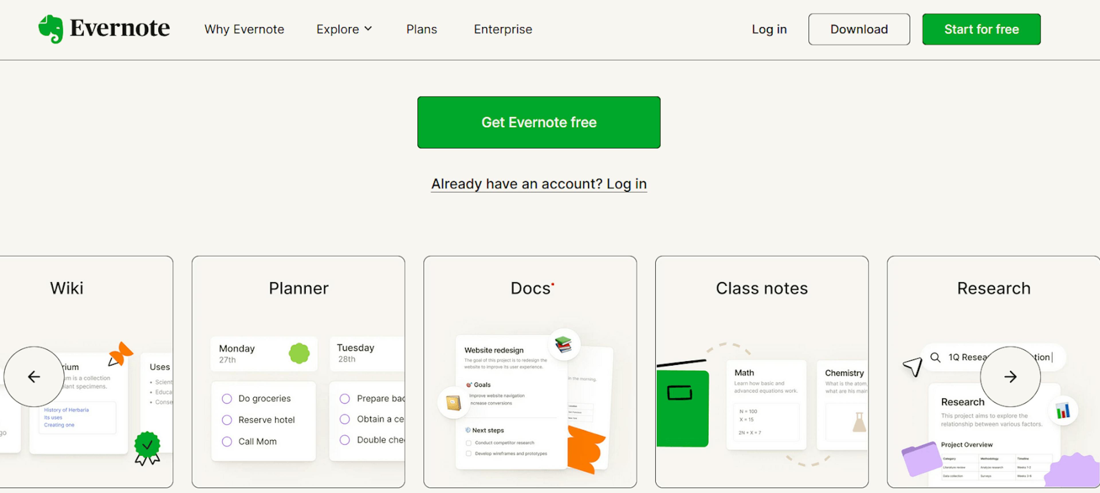 The image showcases Evernote’s different note-taking categories.