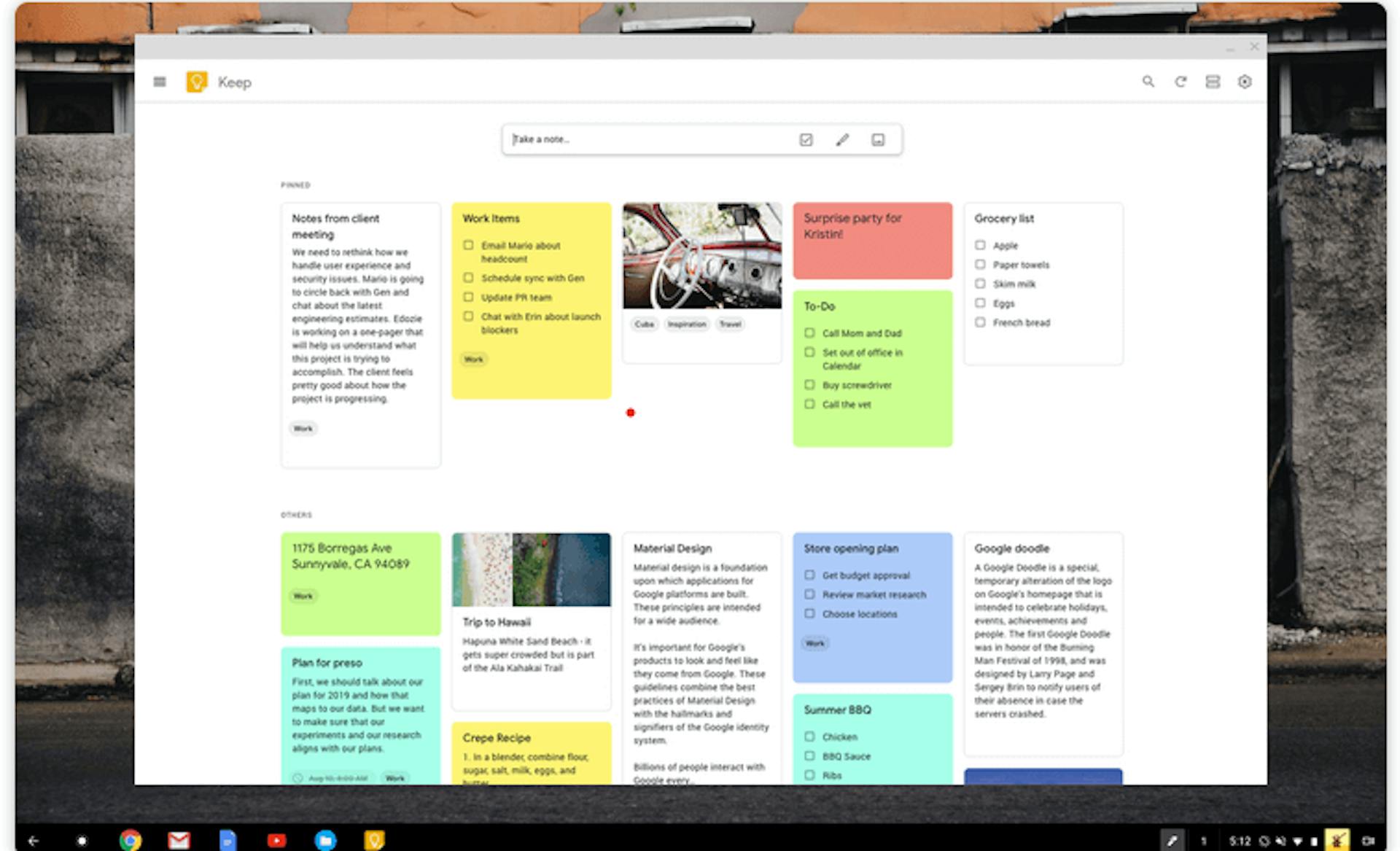 The image showcases Google Keep’s window with various notes and lists.