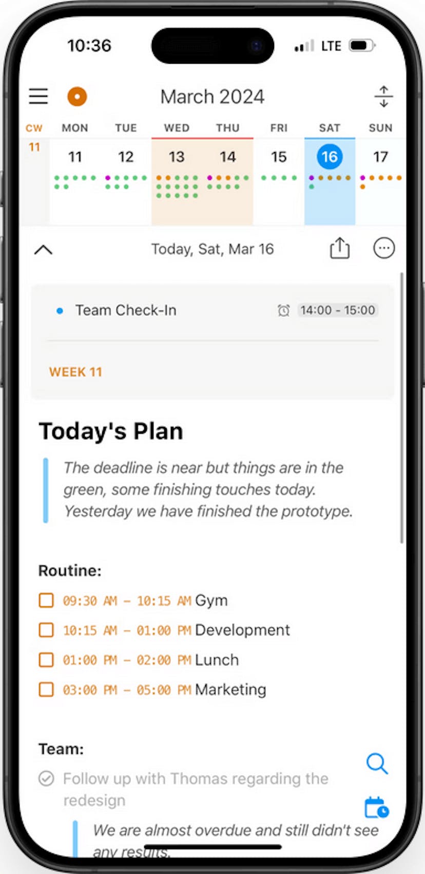 Screenshot from the NotePlan app on an iPhone