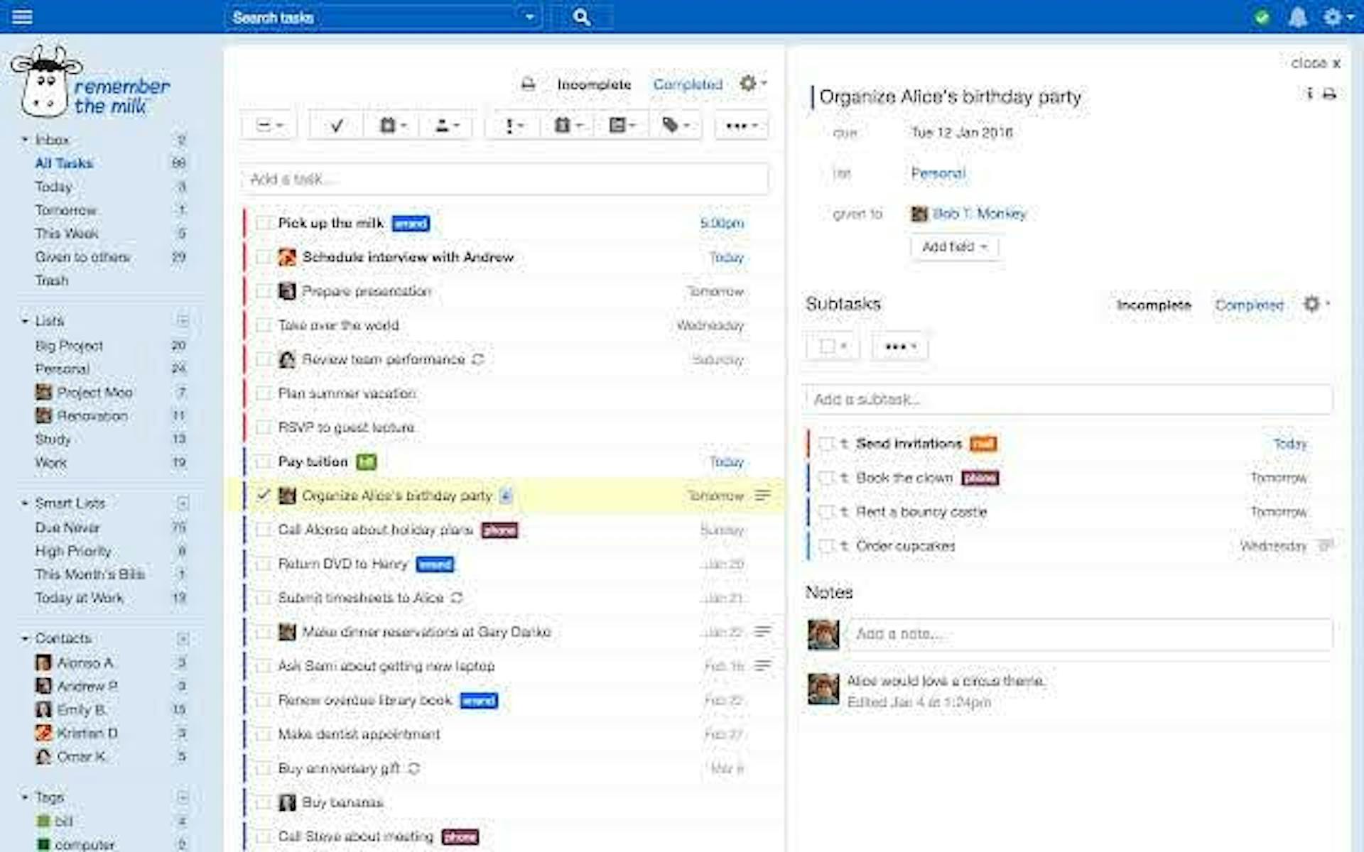This image shows Remember the Milk dashboard.
