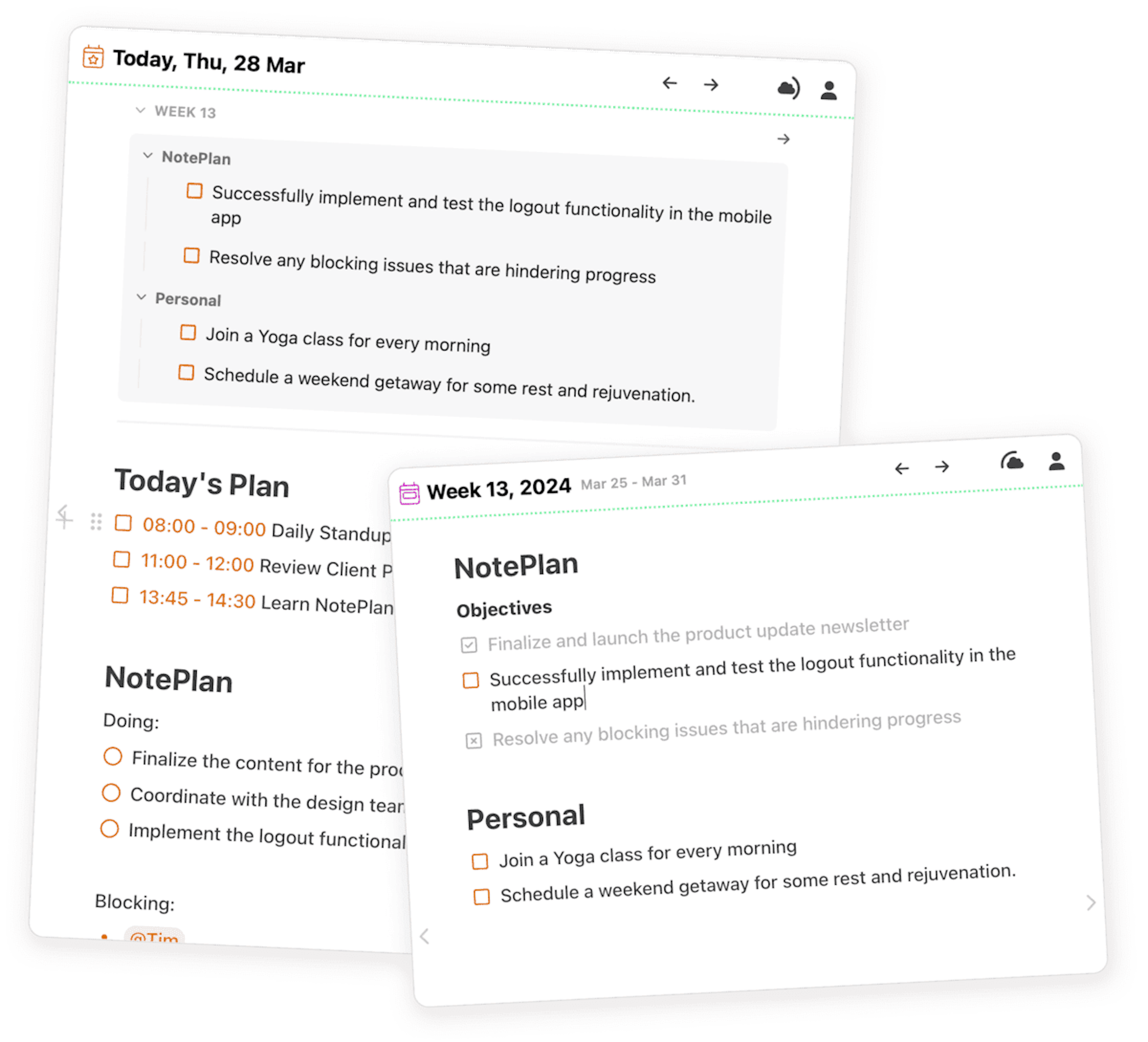 This image shows daily notes in NotePlan