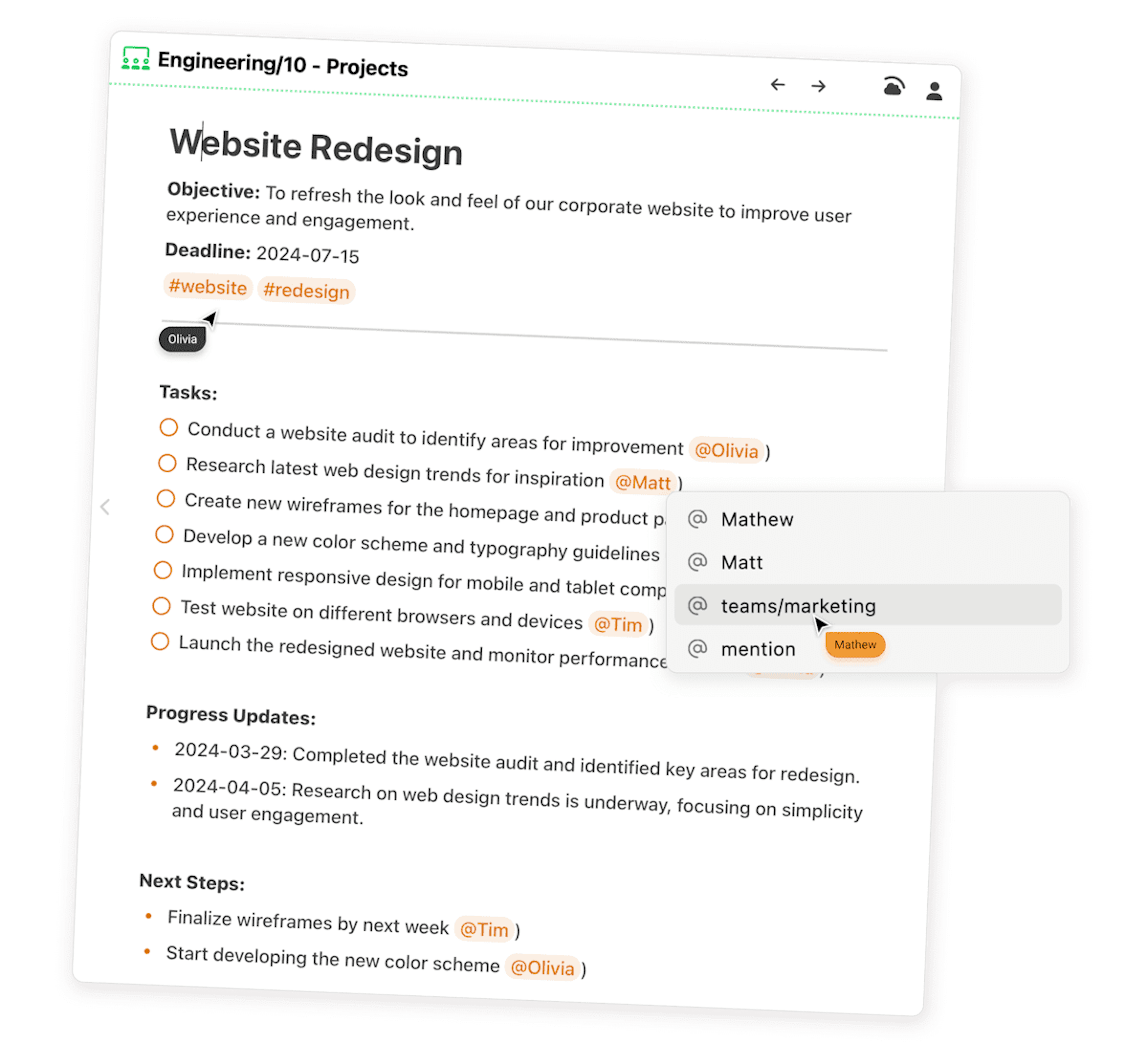 This image shows team collaboration on projects in NotePlan