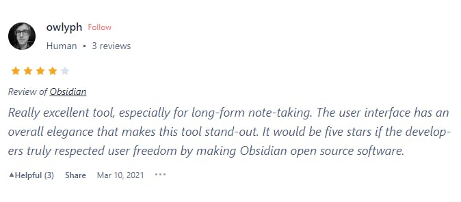 The image showcases a review left by one of the Obsidian users.