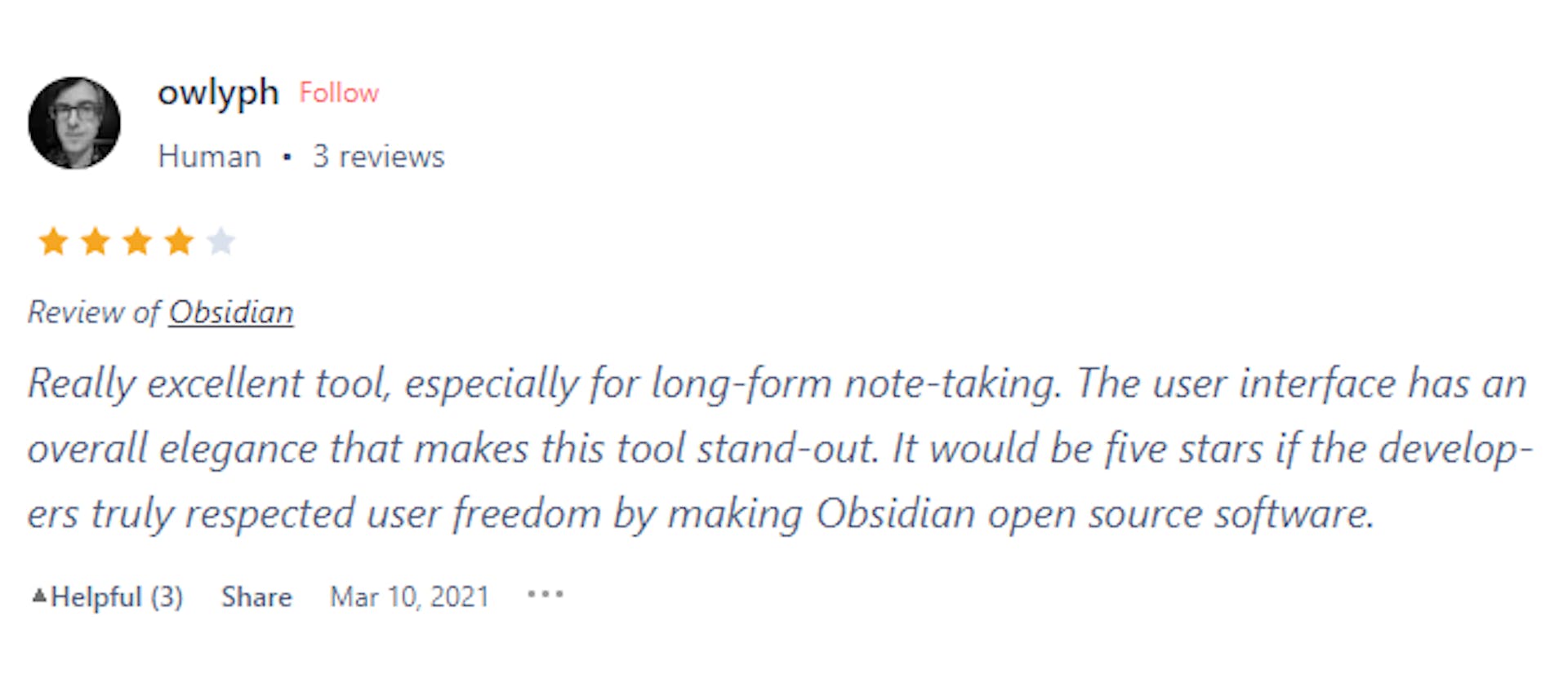 The image showcases a review left by one of the Obsidian users.