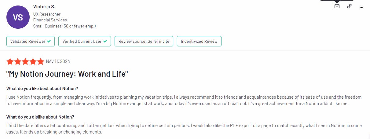 The image showcases a review left by one of the Notion users.