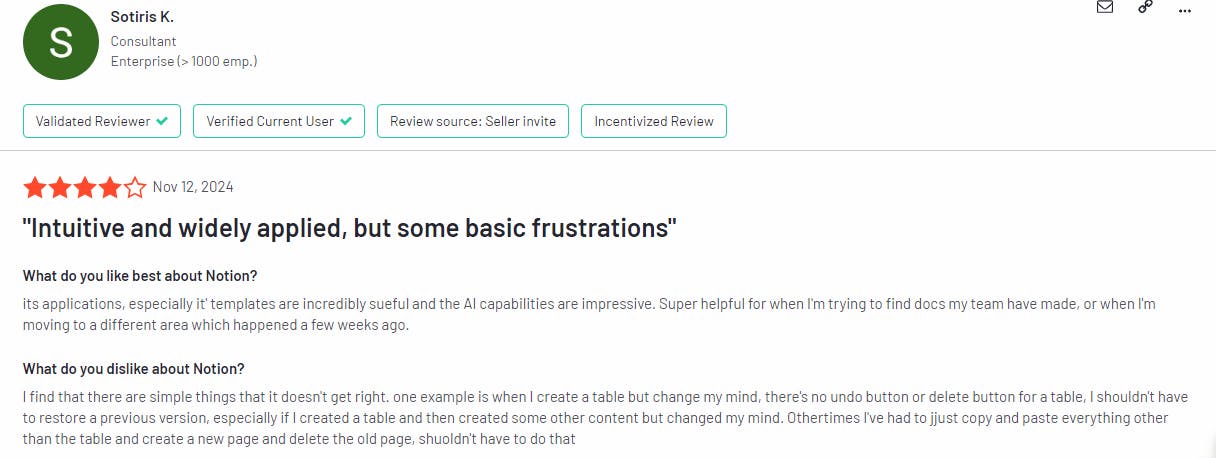 The image showcases a review left by one of the Notion users.